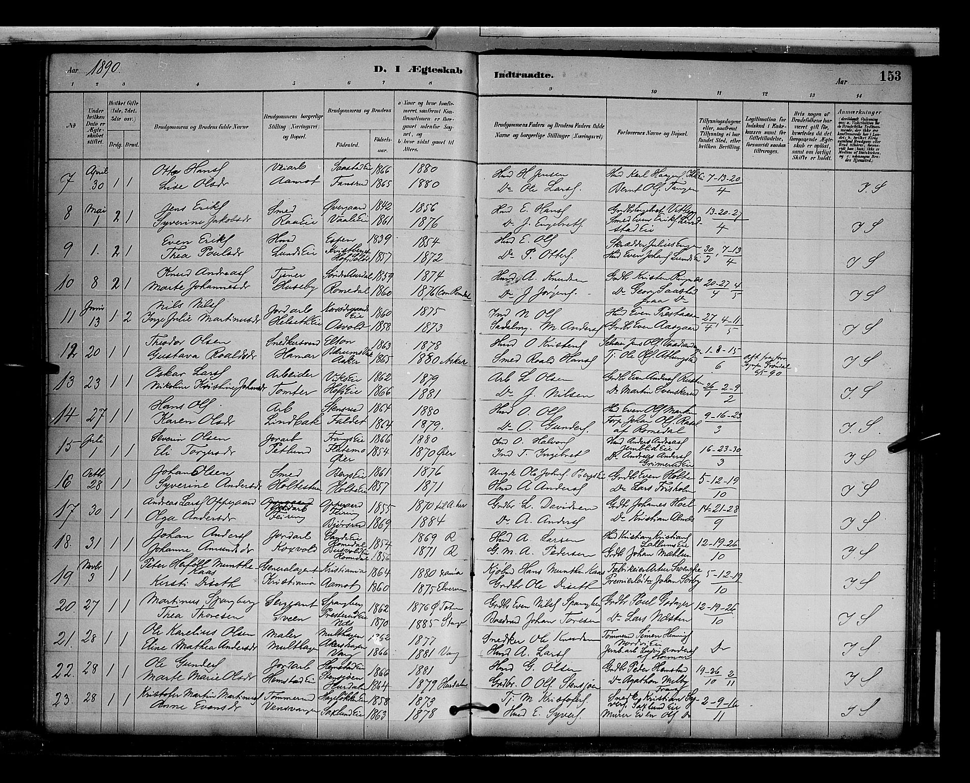 Stange prestekontor, AV/SAH-PREST-002/L/L0009: Parish register (copy) no. 9, 1883-1899, p. 153