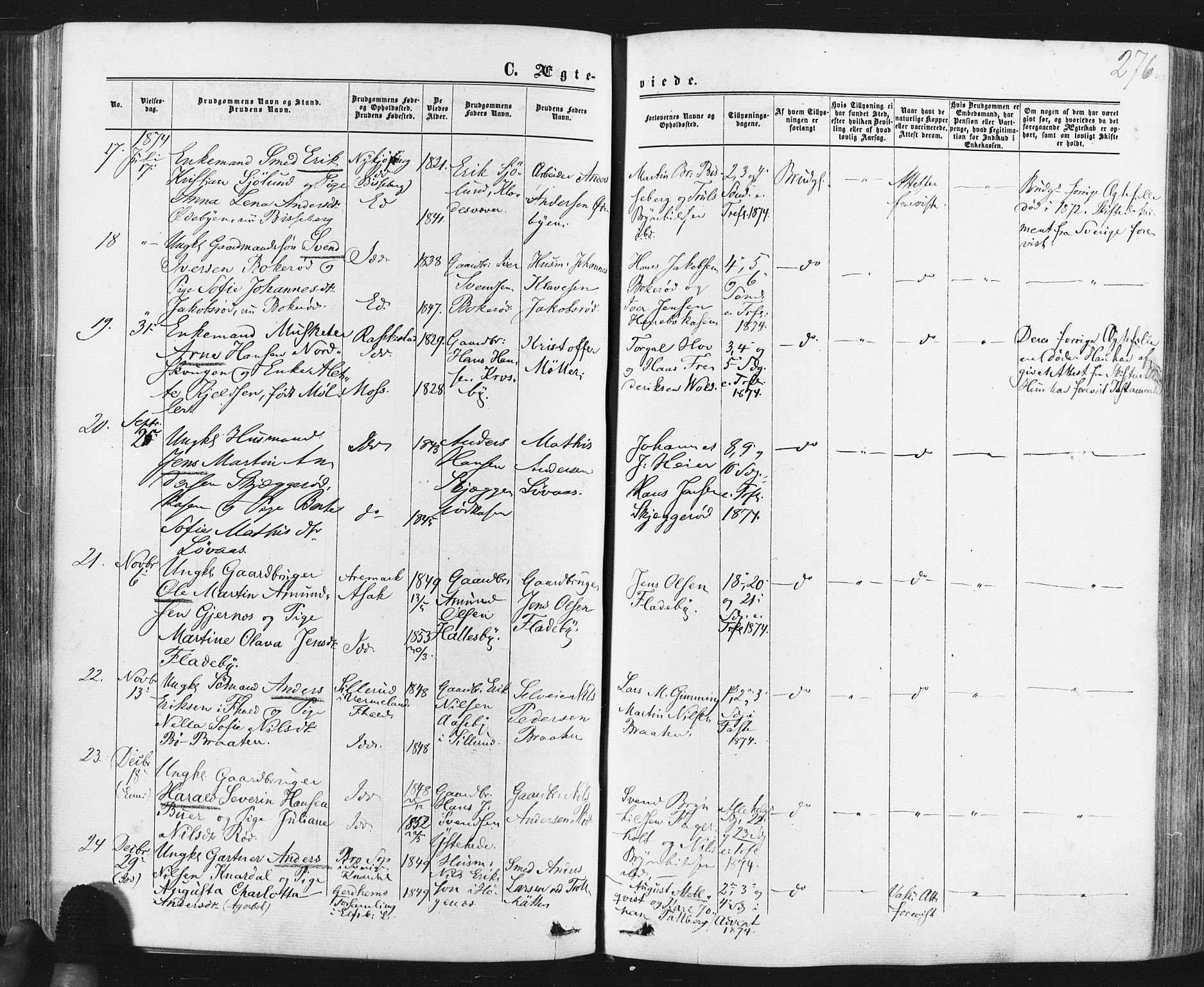 Idd prestekontor Kirkebøker, AV/SAO-A-10911/F/Fc/L0005: Parish register (official) no. III 5, 1861-1877, p. 276