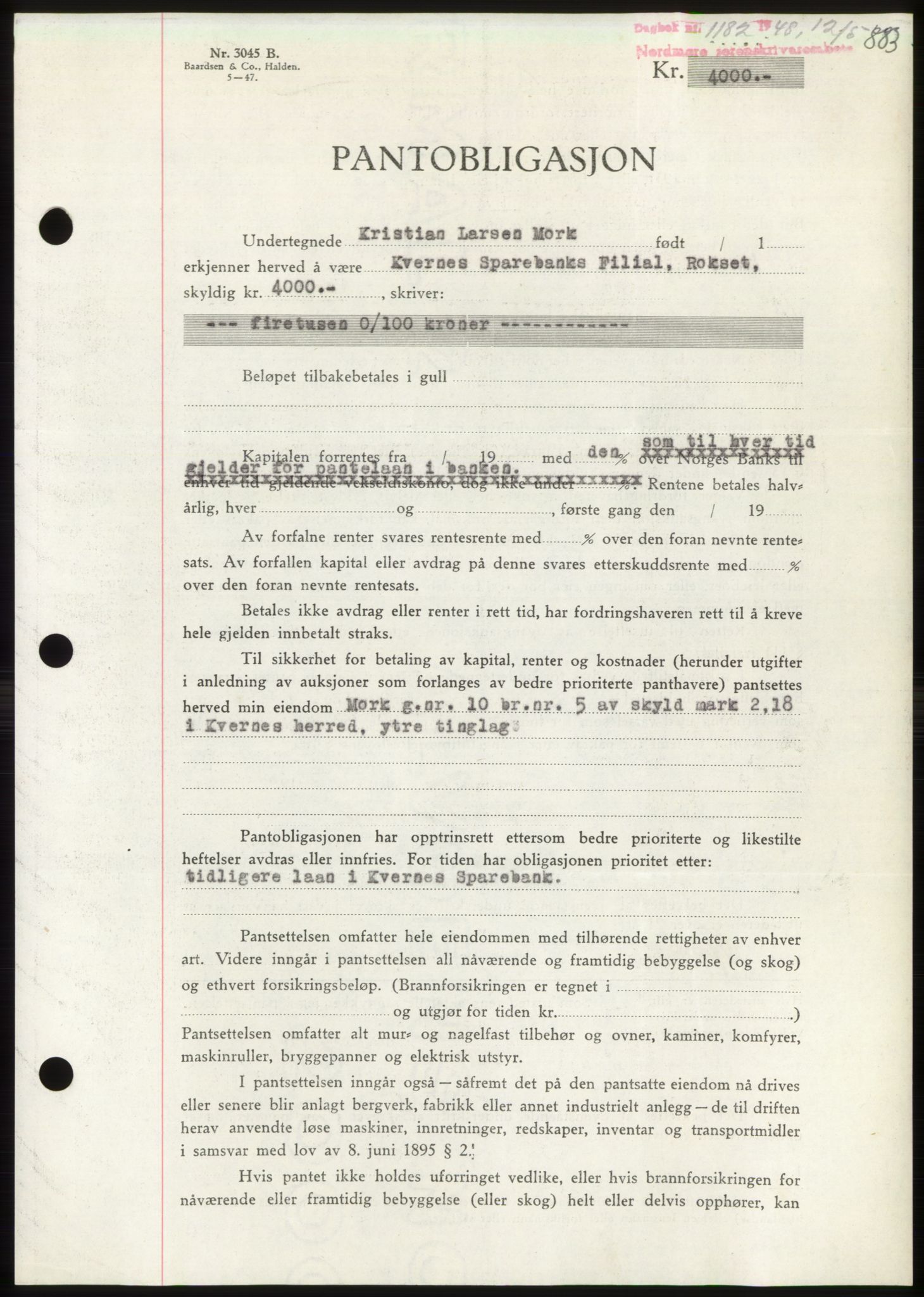 Nordmøre sorenskriveri, AV/SAT-A-4132/1/2/2Ca: Mortgage book no. B98, 1948-1948, Diary no: : 1182/1948