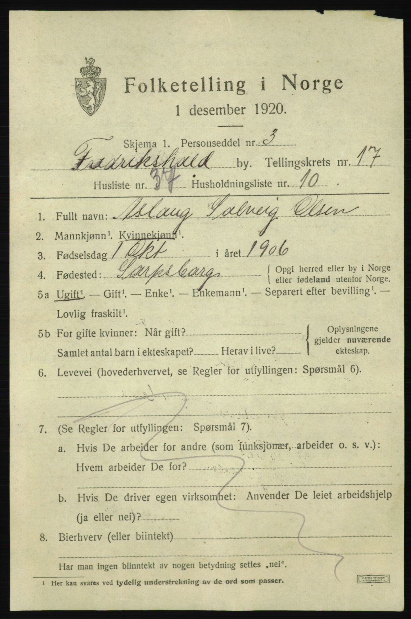 SAO, 1920 census for Fredrikshald, 1920, p. 26988