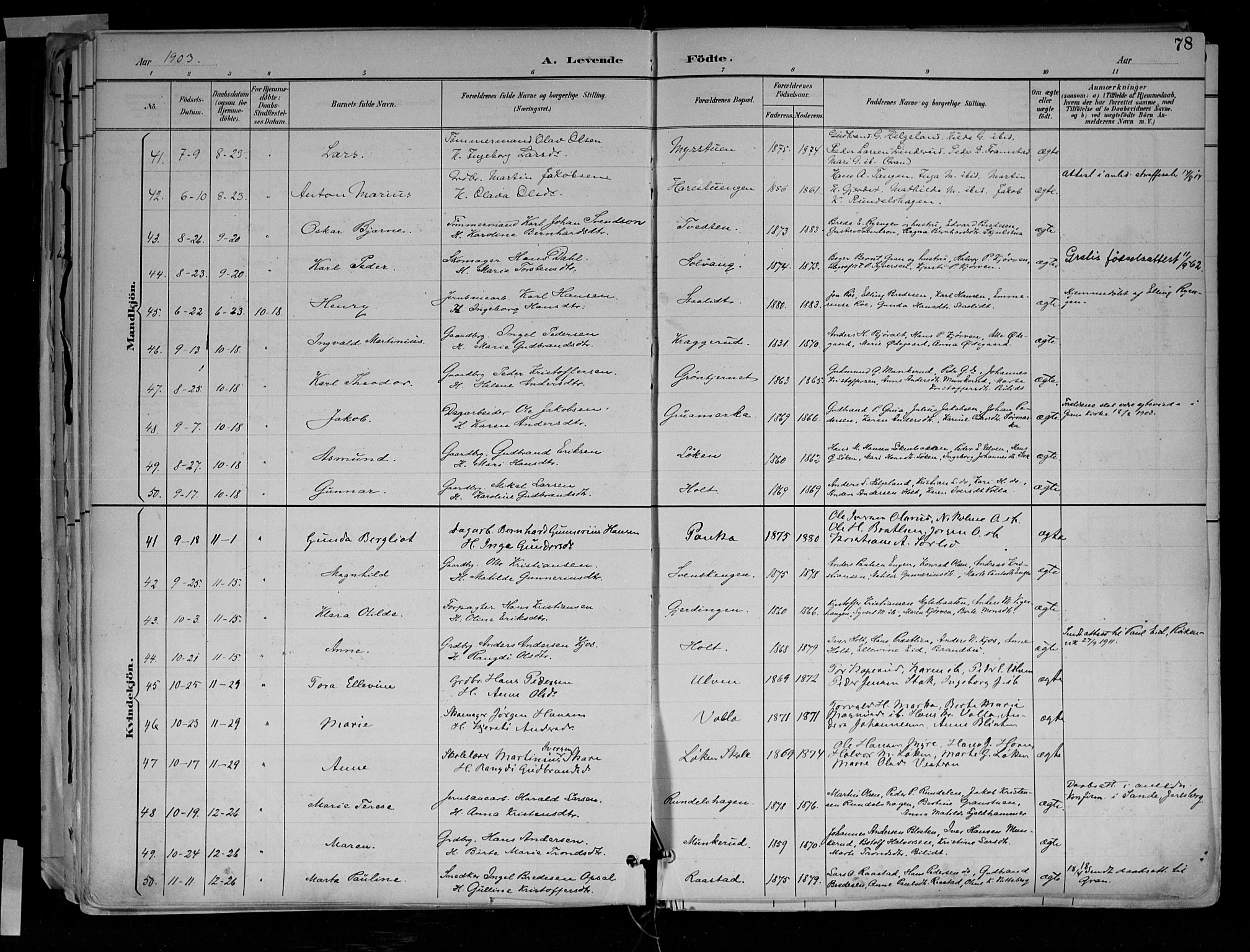 Jevnaker prestekontor, AV/SAH-PREST-116/H/Ha/Haa/L0010: Parish register (official) no. 10, 1891-1906, p. 78