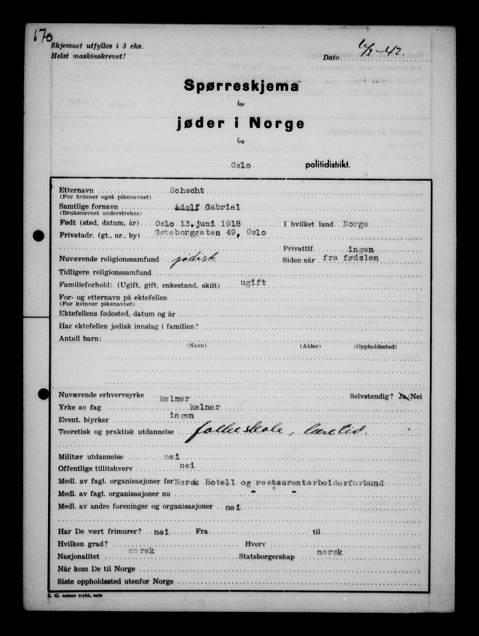 Statspolitiet - Hovedkontoret / Osloavdelingen, AV/RA-S-1329/G/Ga/L0011: Spørreskjema for jøder i Norge. 1: Oslo 610-806 (Plavnik-Zwillinger). 2: Aker 1-113 (Adler-Lewin). , 1942, p. 181