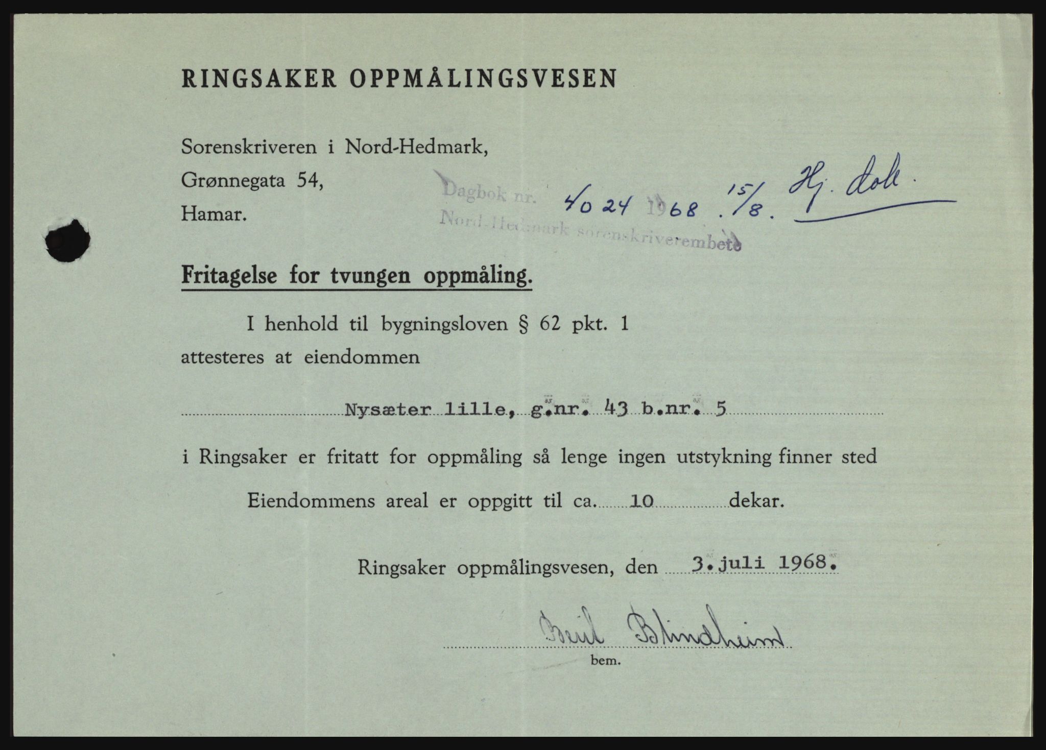 Nord-Hedmark sorenskriveri, SAH/TING-012/H/Hc/L0028: Mortgage book no. 28, 1968-1968, Diary no: : 4024/1968