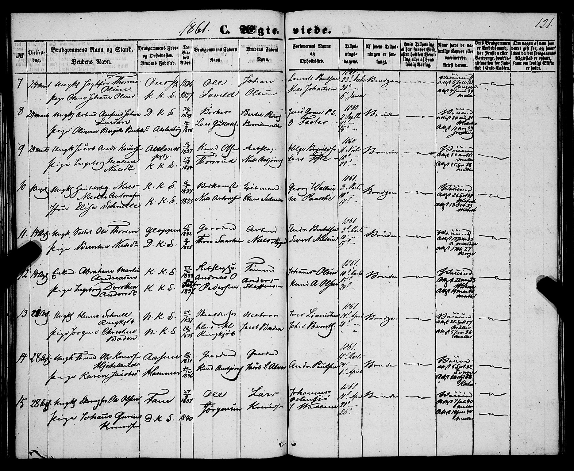 Korskirken sokneprestembete, AV/SAB-A-76101/H/Haa/L0035: Parish register (official) no. D 2, 1852-1867, p. 121