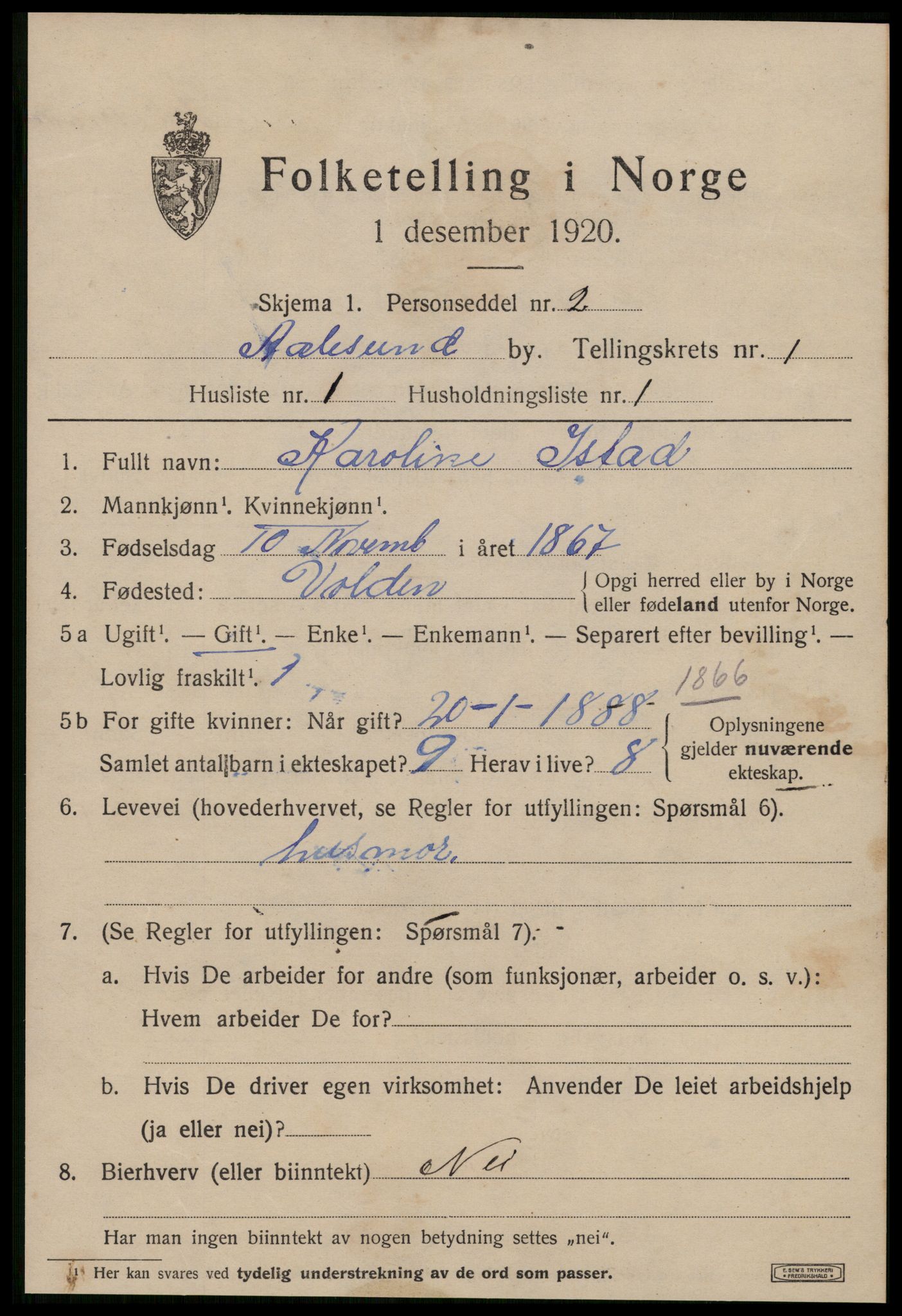 SAT, 1920 census for Ålesund, 1920, p. 9576