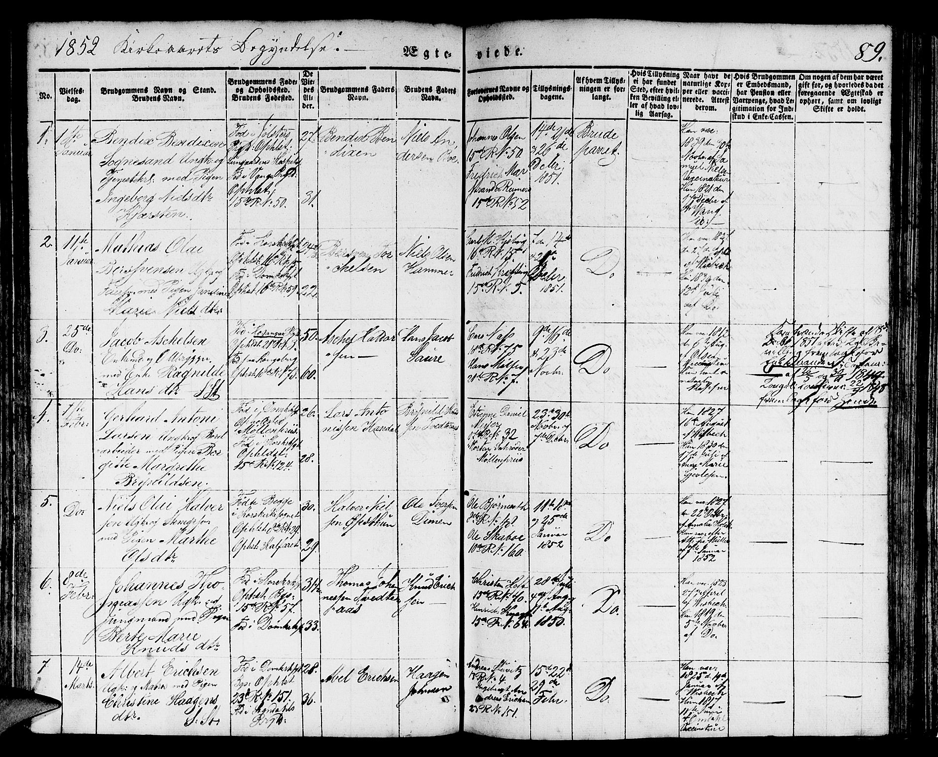 Domkirken sokneprestembete, SAB/A-74801/H/Hab/L0029: Parish register (copy) no. D 1, 1839-1857, p. 89