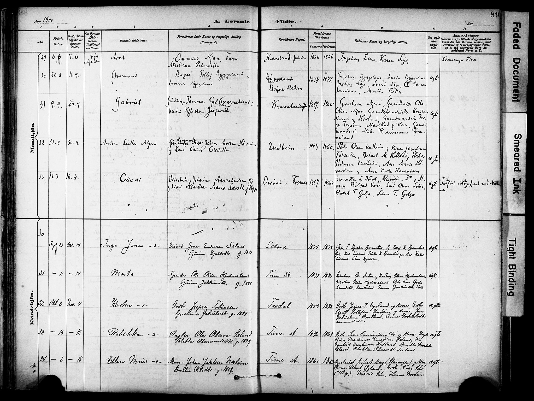 Lye sokneprestkontor, AV/SAST-A-101794/001/30BA/L0011: Parish register (official) no. A 9, 1893-1903, p. 89