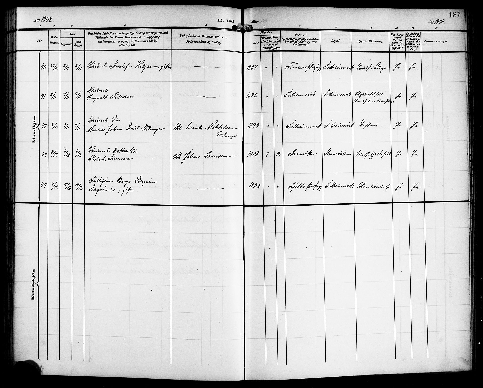 Årstad Sokneprestembete, SAB/A-79301/H/Hab/L0018: Parish register (copy) no. C 1, 1902-1919, p. 187