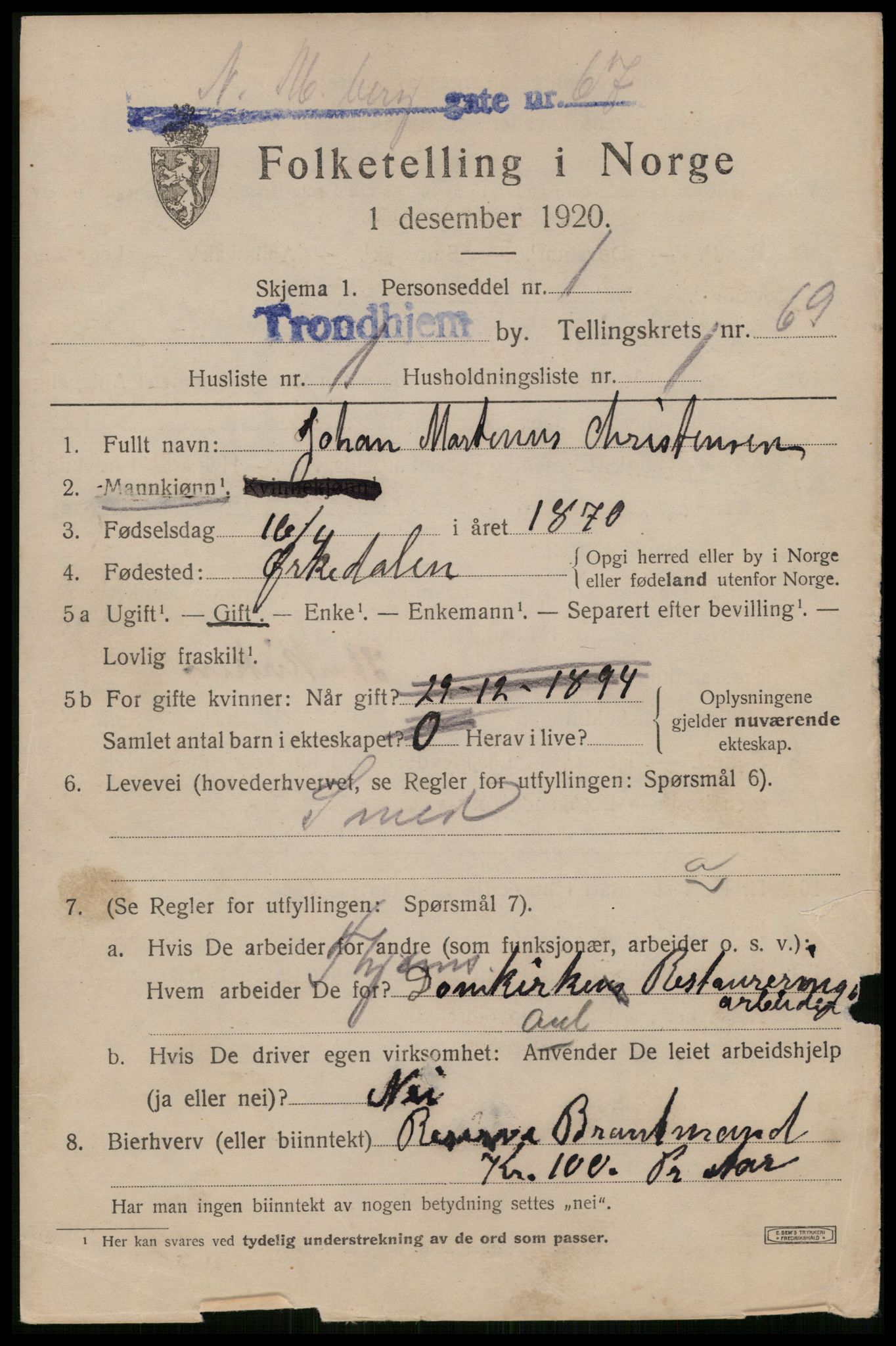 SAT, 1920 census for Trondheim, 1920, p. 135898