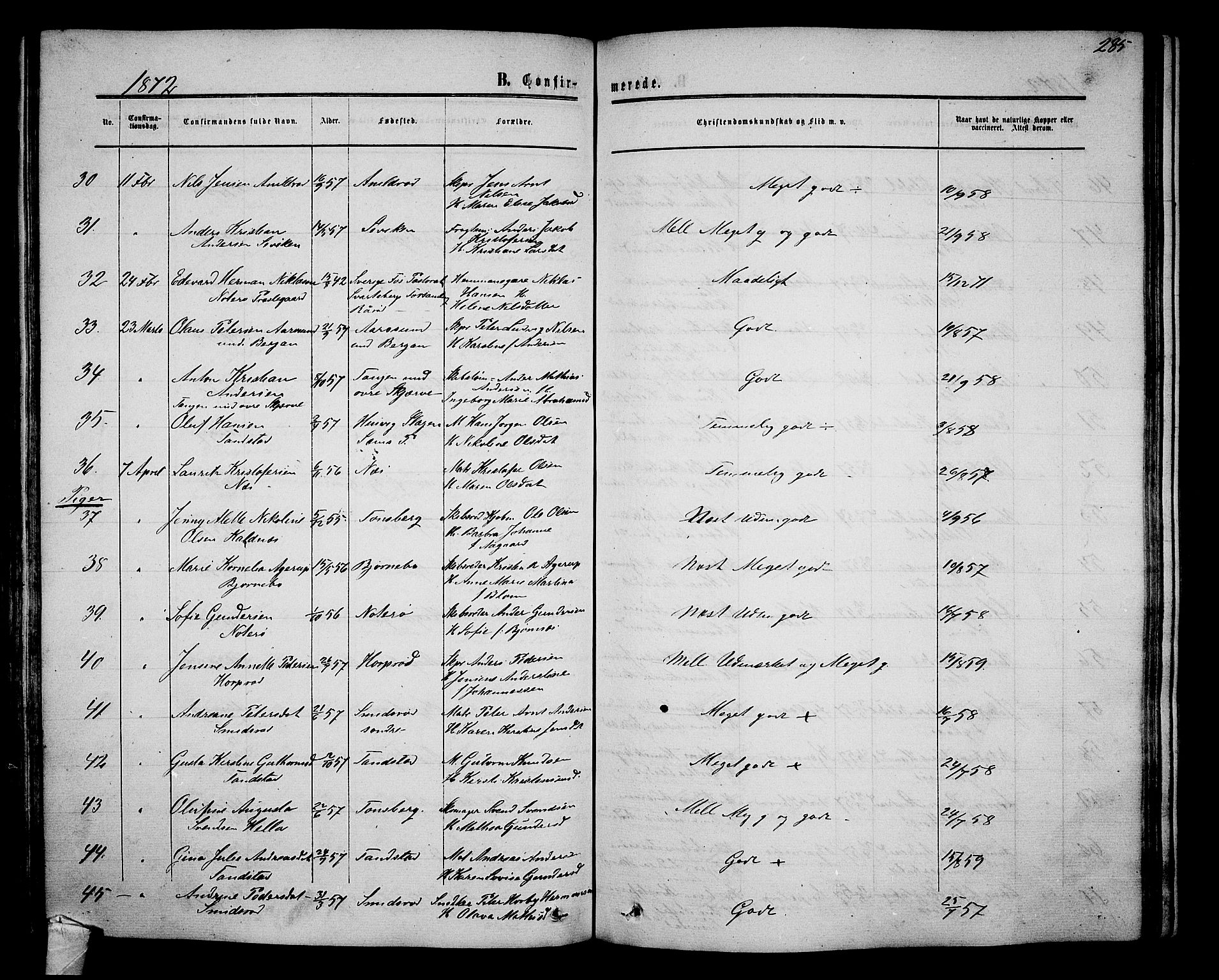 Nøtterøy kirkebøker, AV/SAKO-A-354/G/Ga/L0002: Parish register (copy) no. I 2, 1860-1877, p. 285