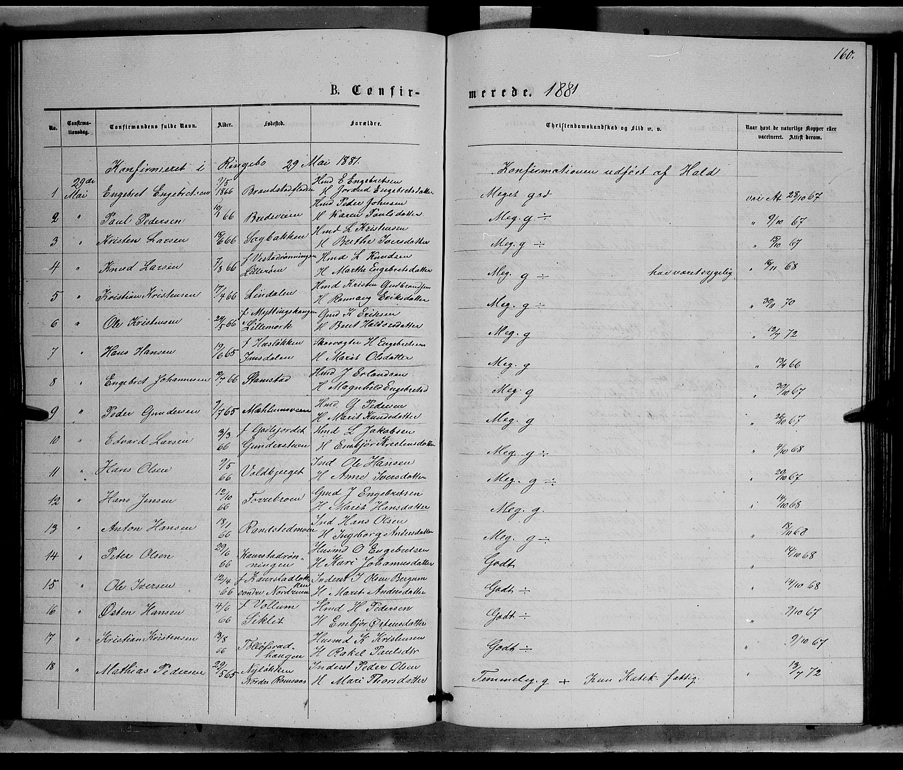 Ringebu prestekontor, SAH/PREST-082/H/Ha/Hab/L0006: Parish register (copy) no. 6, 1880-1898, p. 160