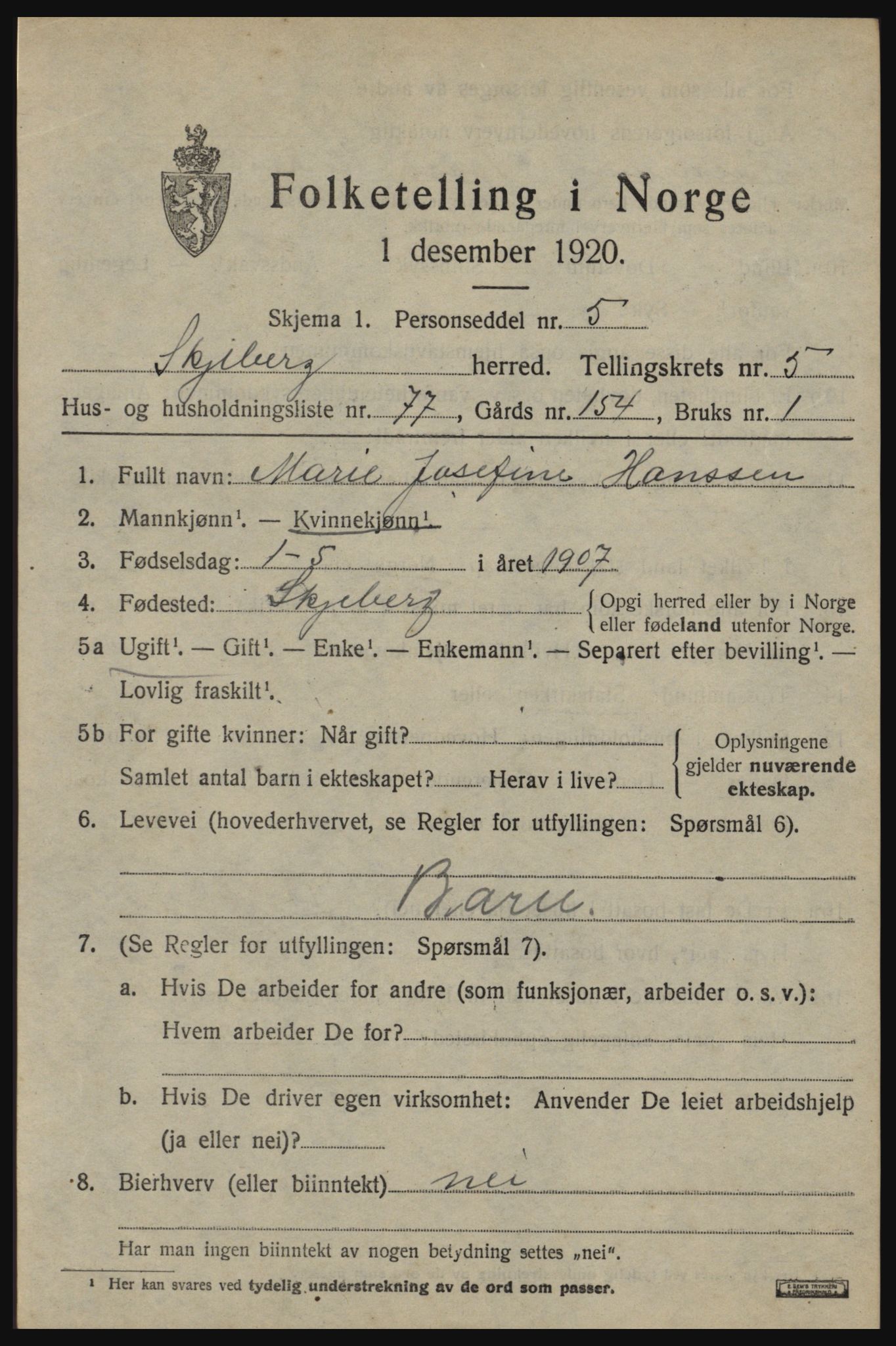 SAO, 1920 census for Skjeberg, 1920, p. 6597