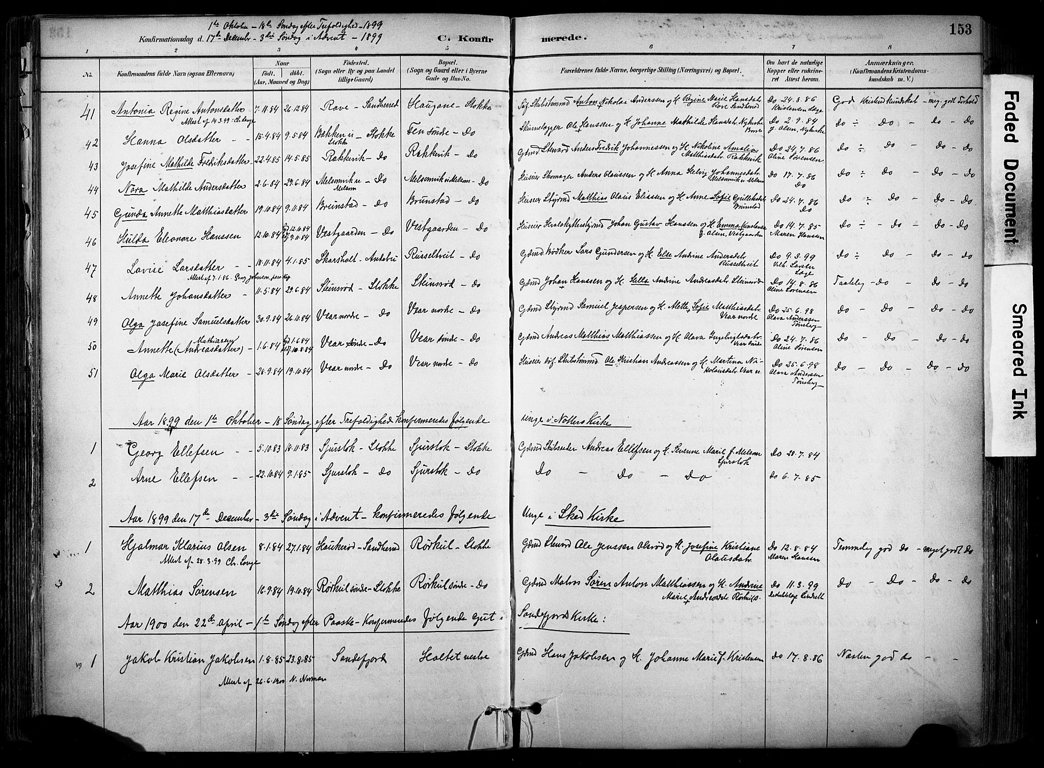 Stokke kirkebøker, AV/SAKO-A-320/F/Fa/L0010: Parish register (official) no. I 10, 1884-1903, p. 153