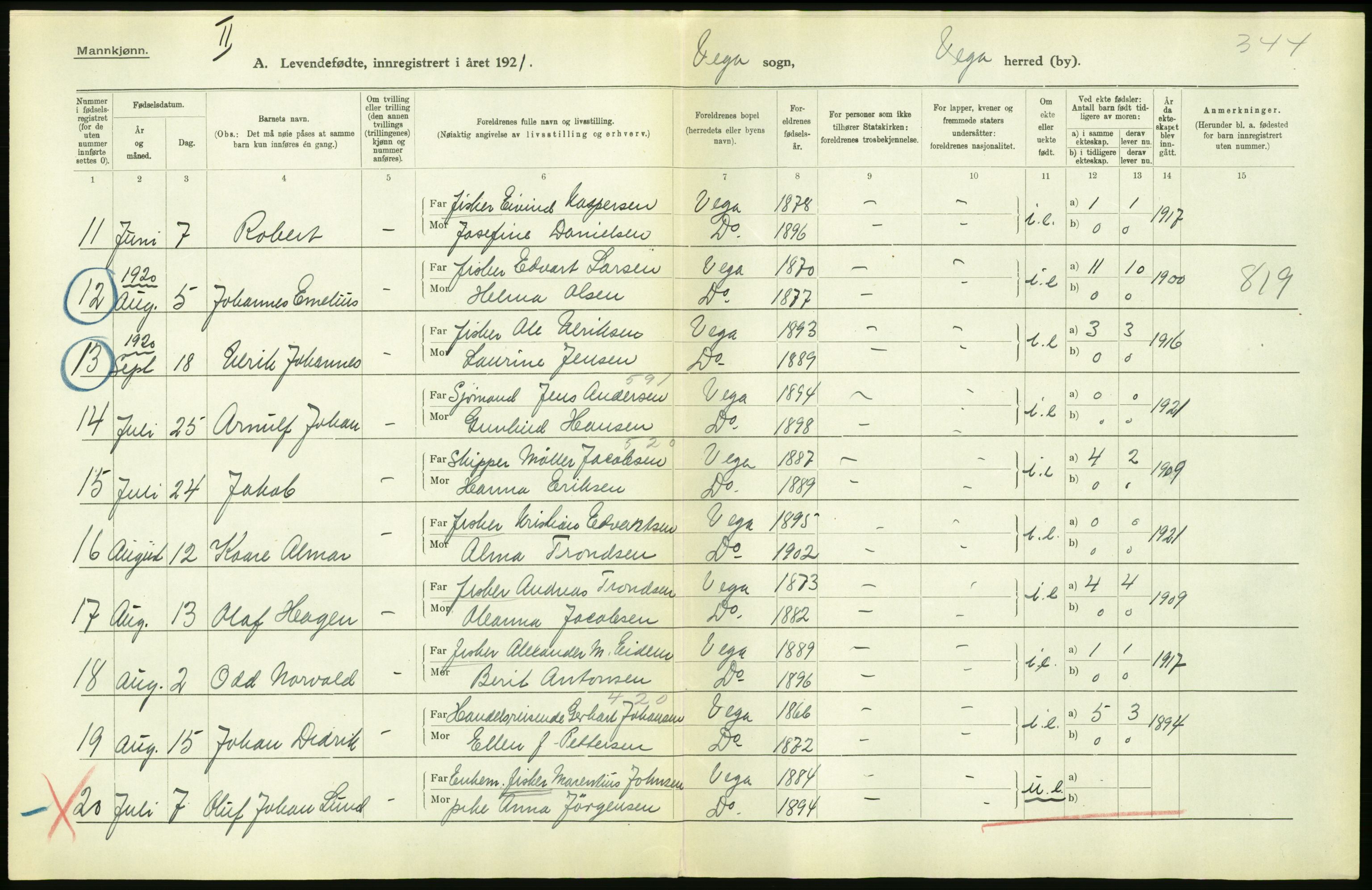 Statistisk sentralbyrå, Sosiodemografiske emner, Befolkning, AV/RA-S-2228/D/Df/Dfc/Dfca/L0049: Nordland fylke: Levendefødte menn og kvinner. Bygder., 1921, p. 488