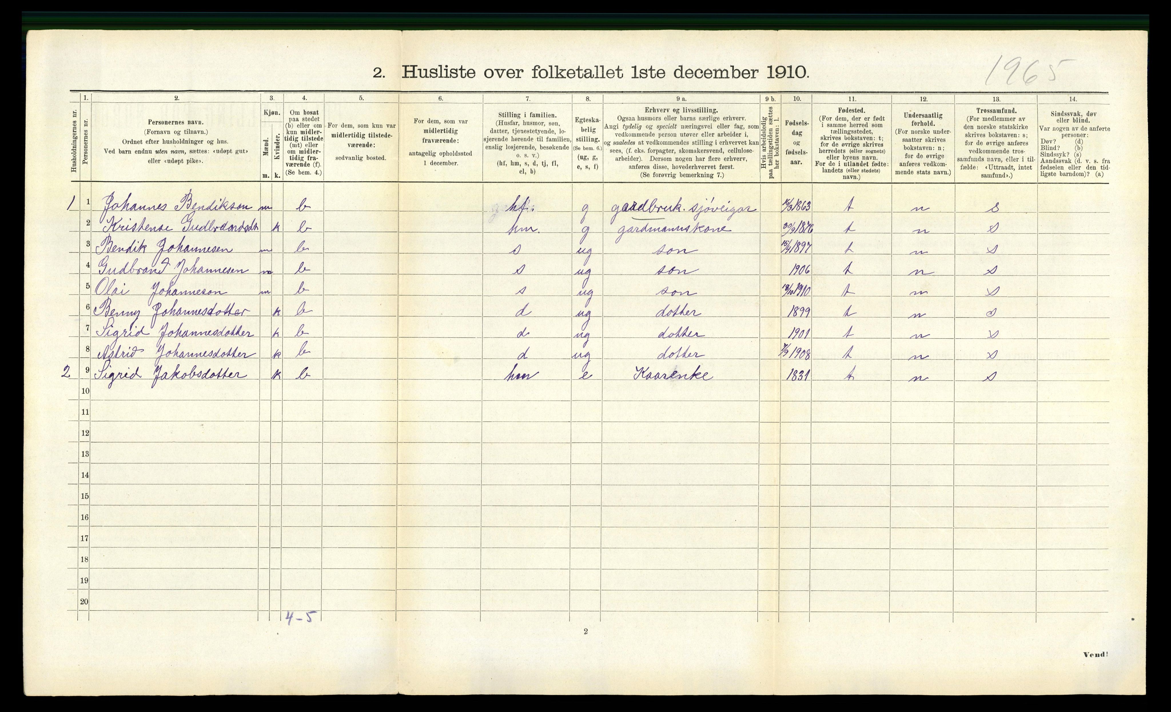 RA, 1910 census for Lavik, 1910, p. 212