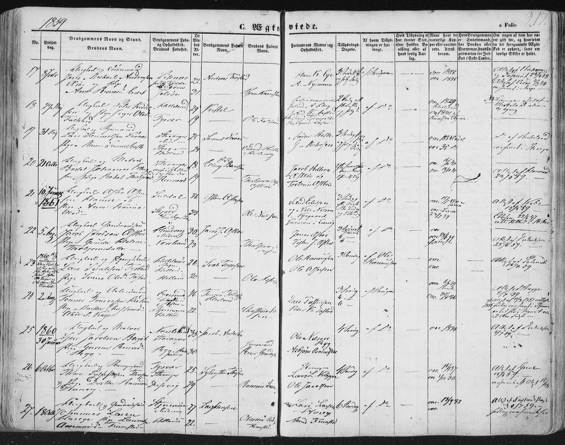 Hetland sokneprestkontor, AV/SAST-A-101826/30/30BA/L0002: Parish register (official) no. A 2, 1849-1869, p. 217