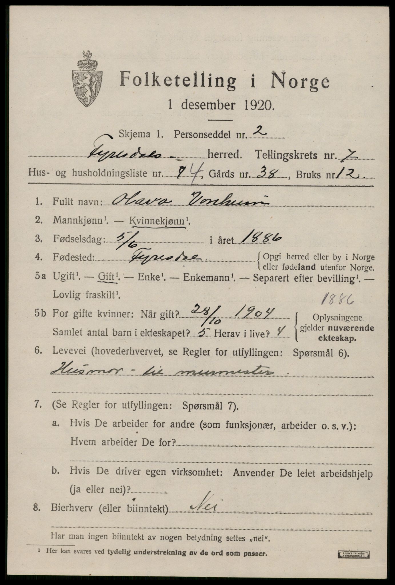 SAKO, 1920 census for Fyresdal, 1920, p. 2687