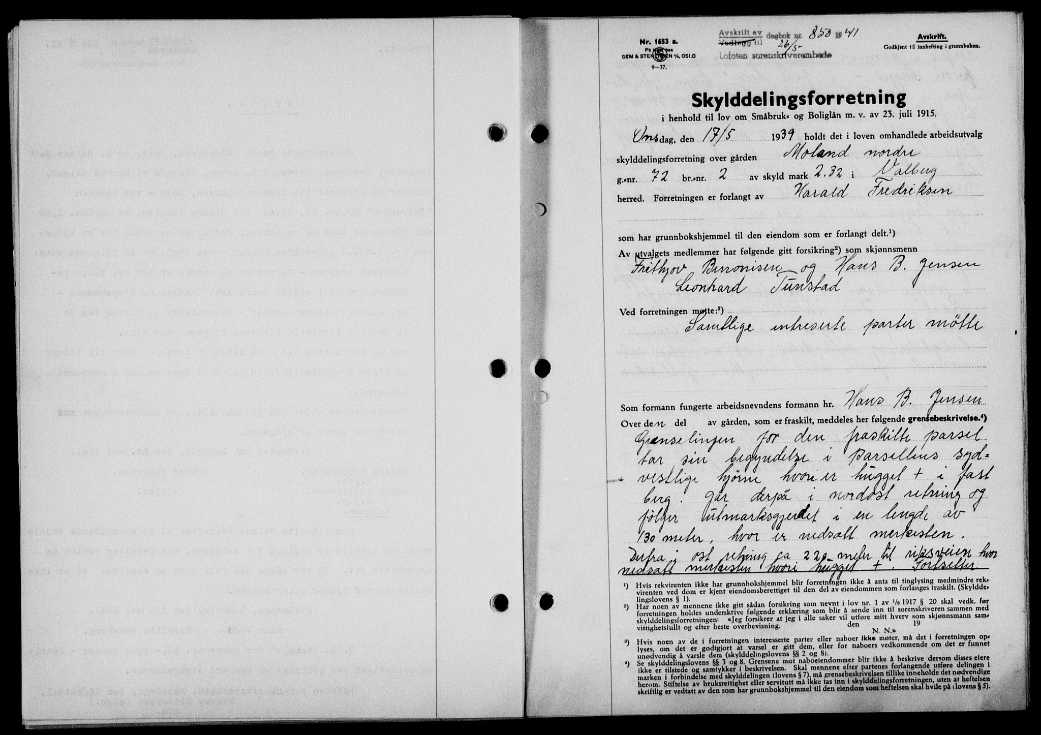 Lofoten sorenskriveri, SAT/A-0017/1/2/2C/L0008a: Mortgage book no. 8a, 1940-1941, Diary no: : 850/1941