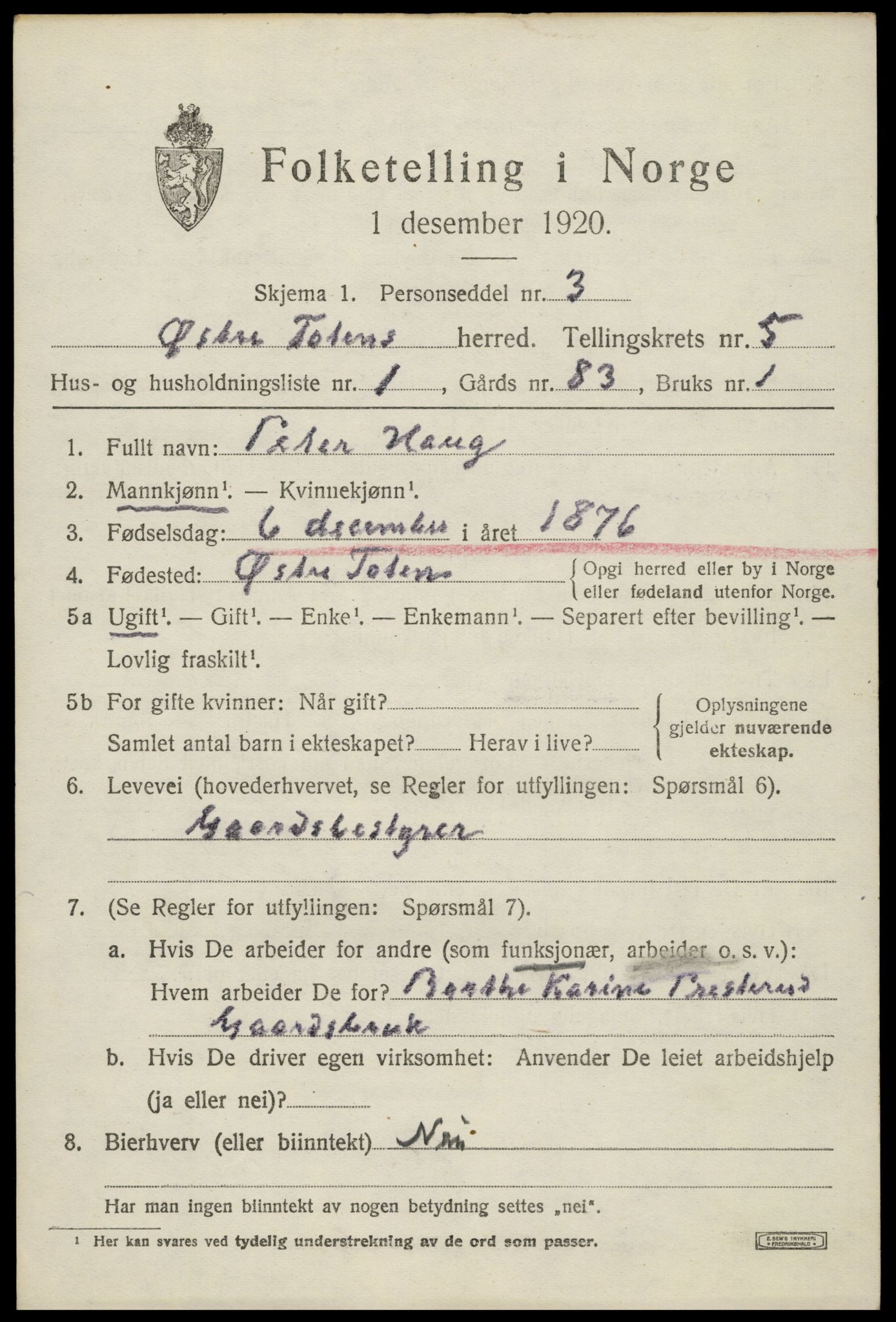 SAH, 1920 census for Østre Toten, 1920, p. 10798