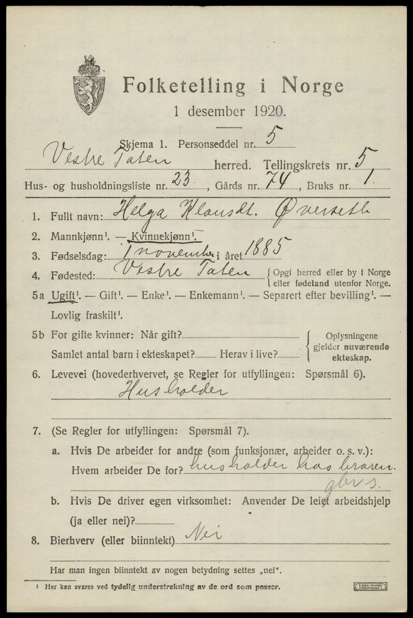 SAH, 1920 census for Vestre Toten, 1920, p. 7584