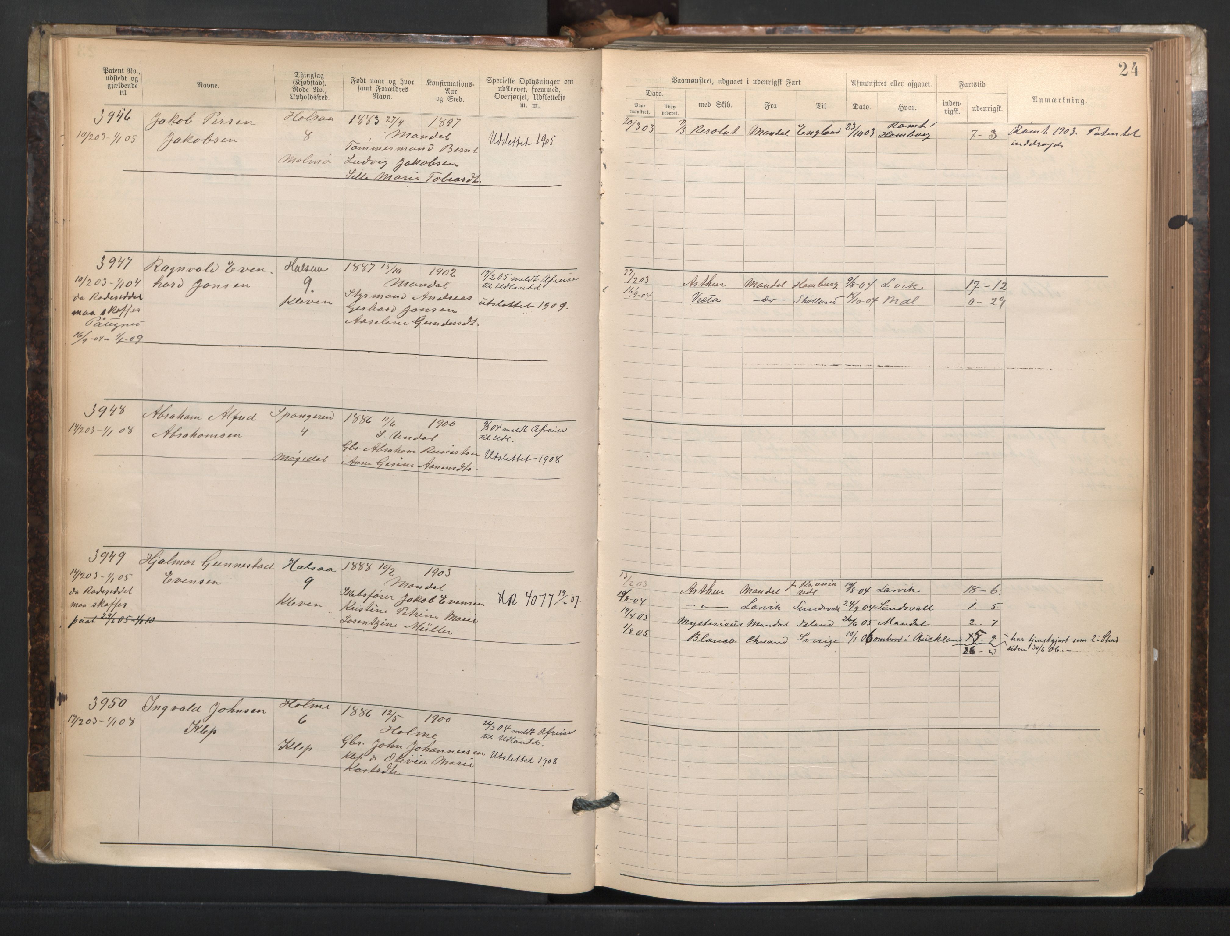 Mandal mønstringskrets, AV/SAK-2031-0016/F/Fa/L0003: Annotasjonsrulle nr 3831-4730 med register, L-5, 1900-1948, p. 48