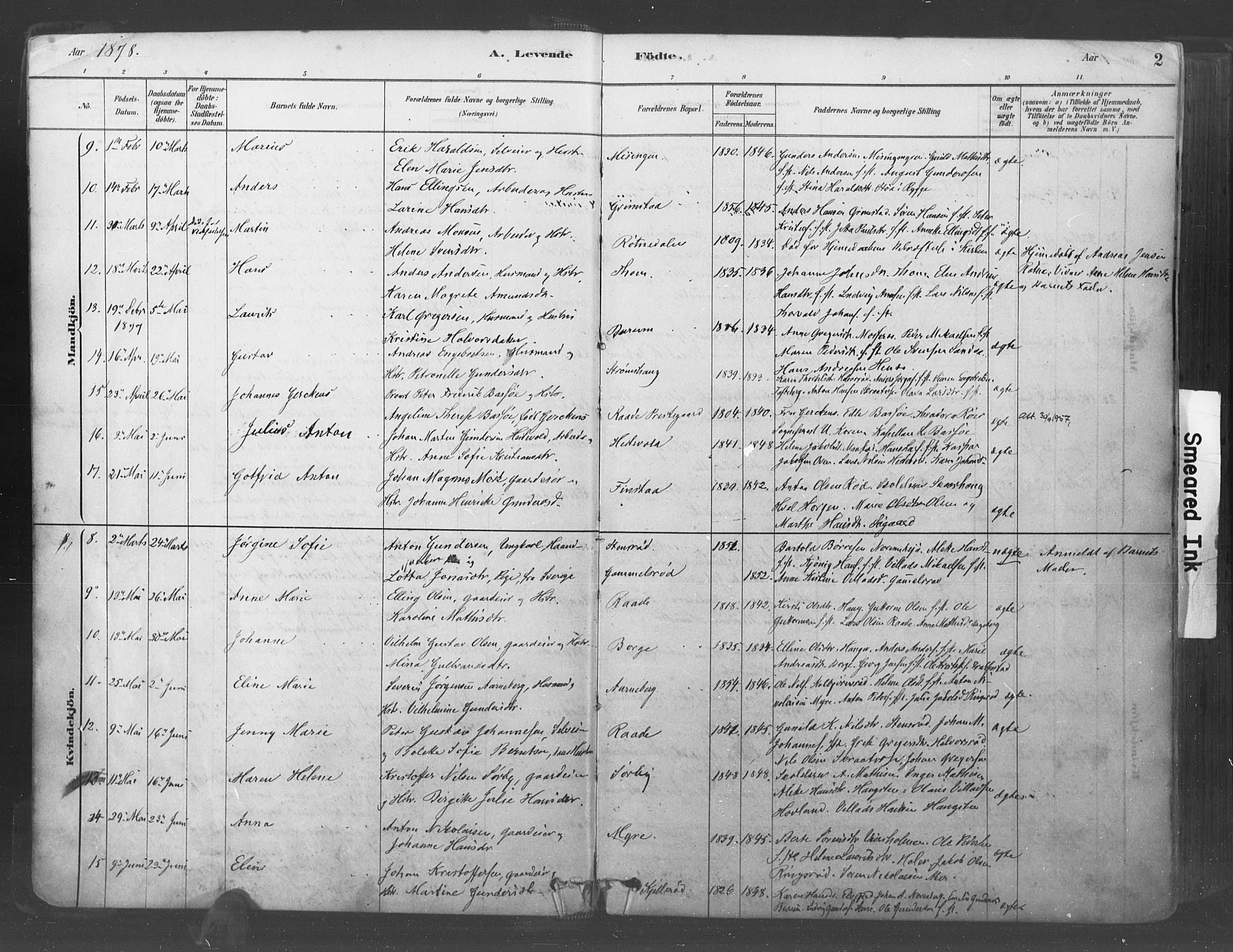 Råde prestekontor kirkebøker, AV/SAO-A-2009/F/Fa/L0007: Parish register (official) no. 7, 1878-1902, p. 2