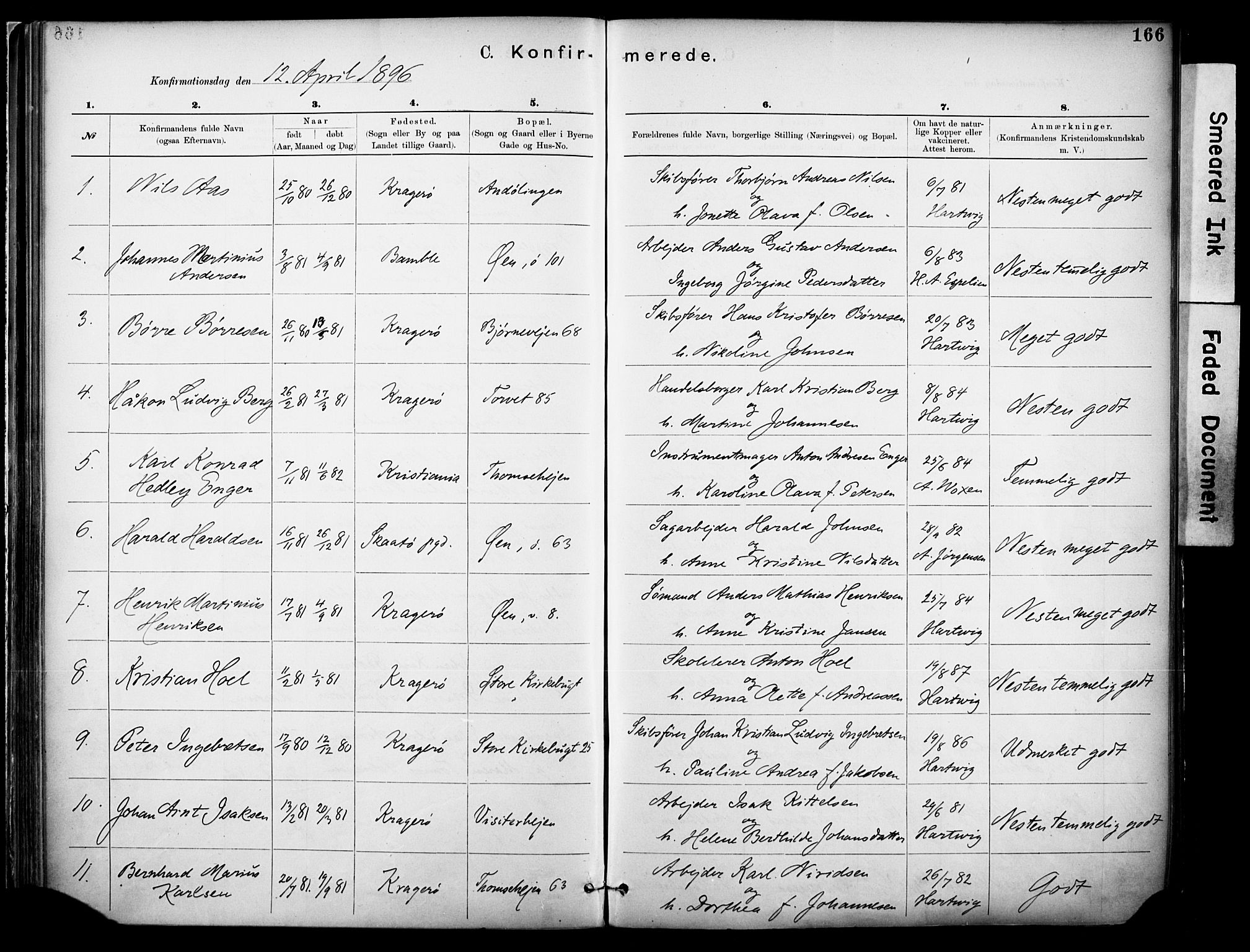 Kragerø kirkebøker, SAKO/A-278/F/Fa/L0012: Parish register (official) no. 12, 1880-1904, p. 166