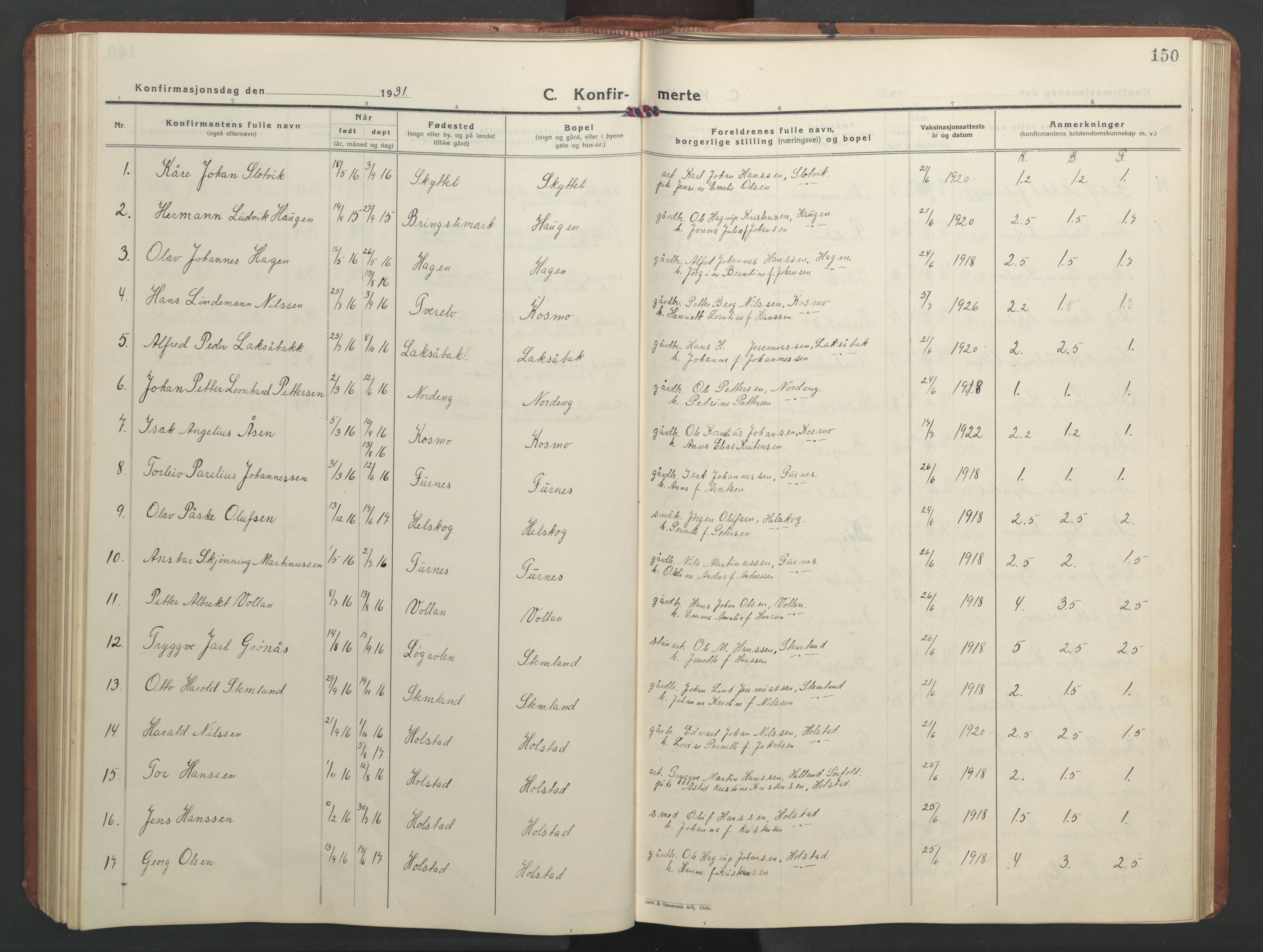 Ministerialprotokoller, klokkerbøker og fødselsregistre - Nordland, AV/SAT-A-1459/851/L0727: Parish register (copy) no. 851C02, 1925-1948, p. 150