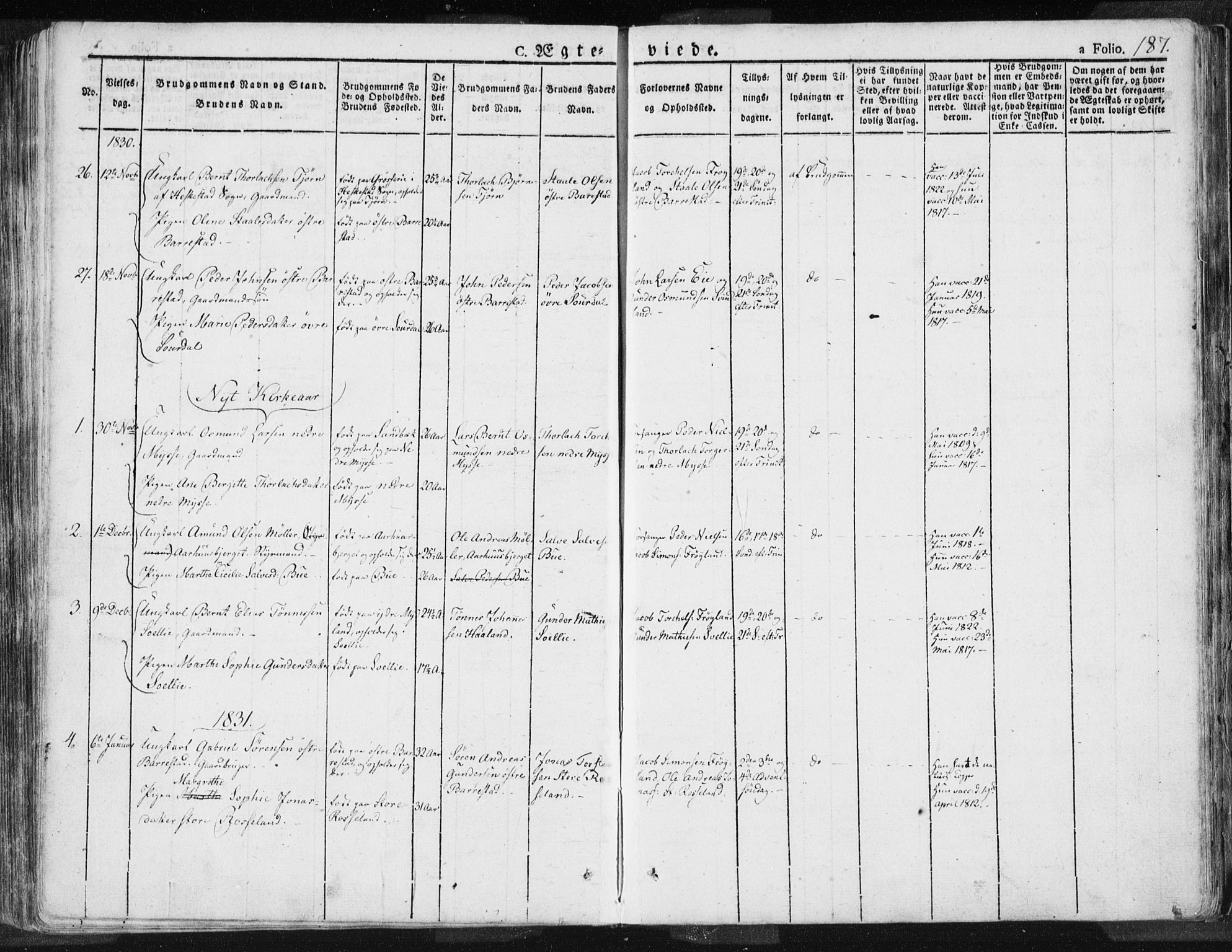 Sokndal sokneprestkontor, AV/SAST-A-101808: Parish register (official) no. A 7.1, 1826-1842, p. 187