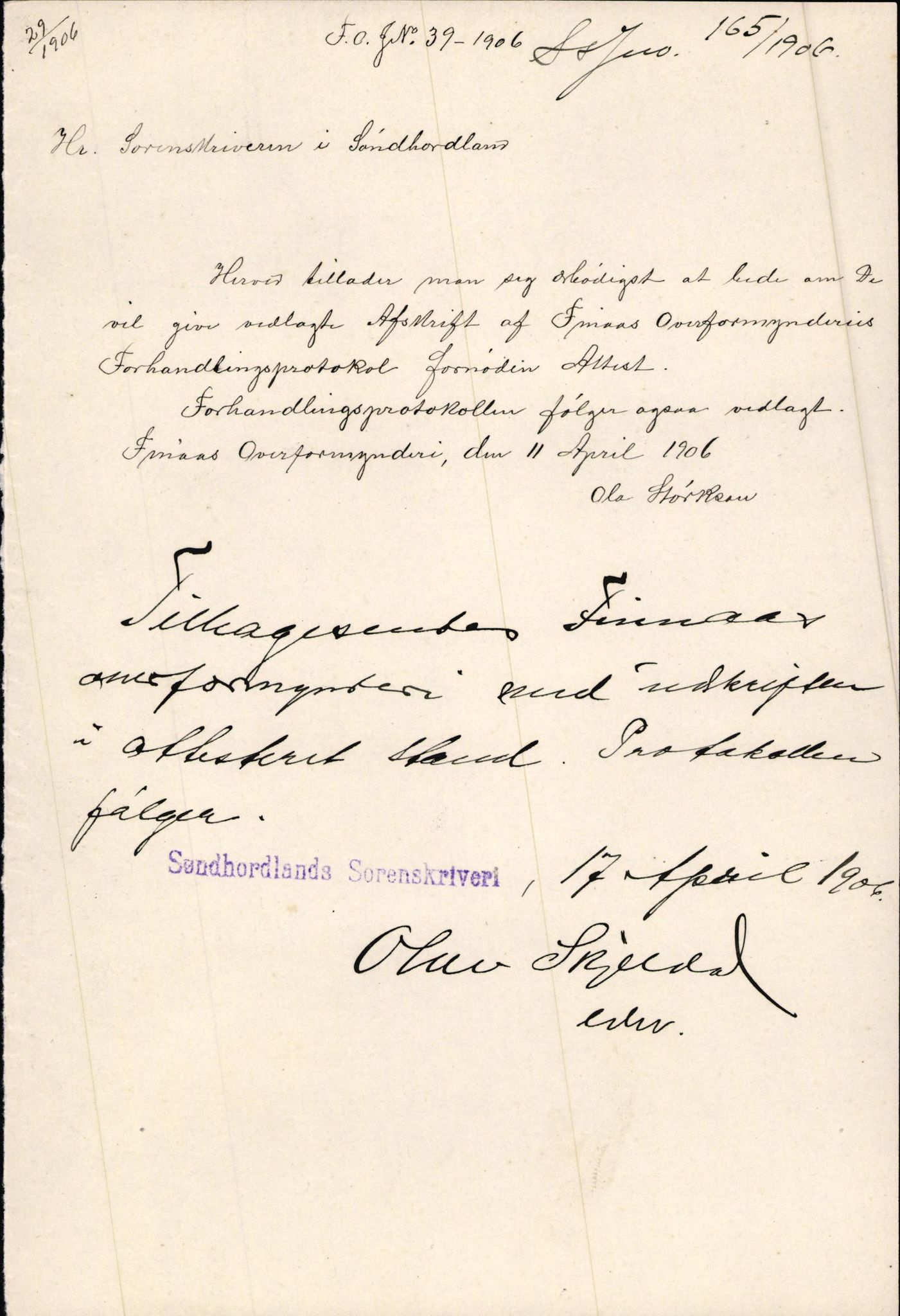 Finnaas kommune. Overformynderiet, IKAH/1218a-812/D/Da/Daa/L0002/0003: Kronologisk ordna korrespondanse / Kronologisk ordna korrespondanse, 1905-1909, p. 63