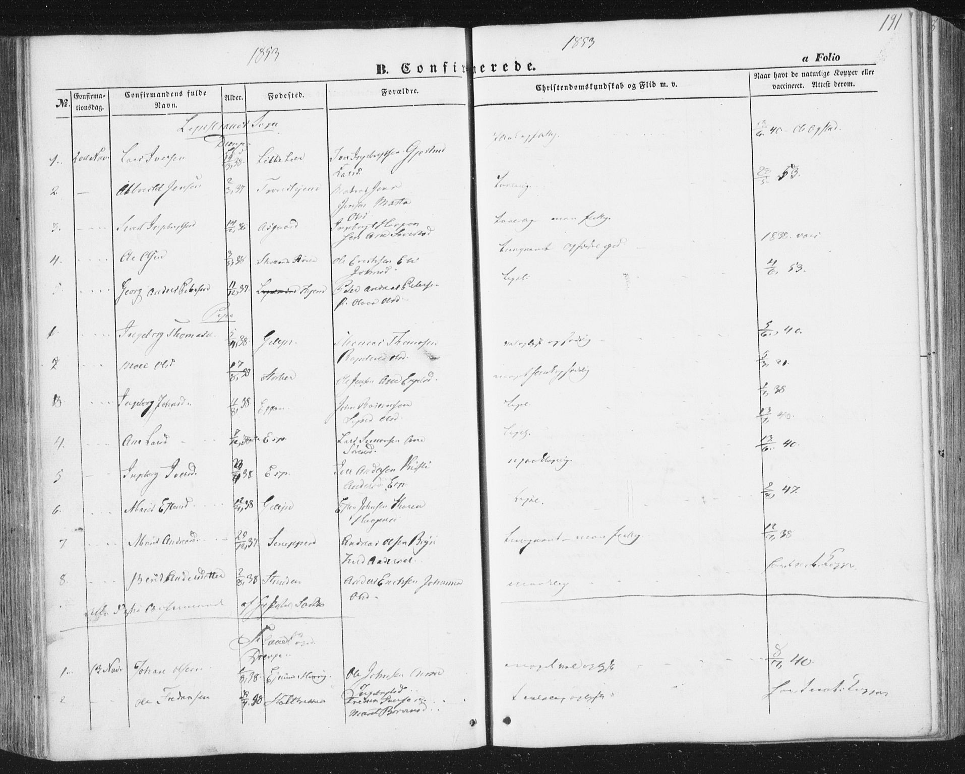 Ministerialprotokoller, klokkerbøker og fødselsregistre - Sør-Trøndelag, SAT/A-1456/691/L1076: Parish register (official) no. 691A08, 1852-1861, p. 191