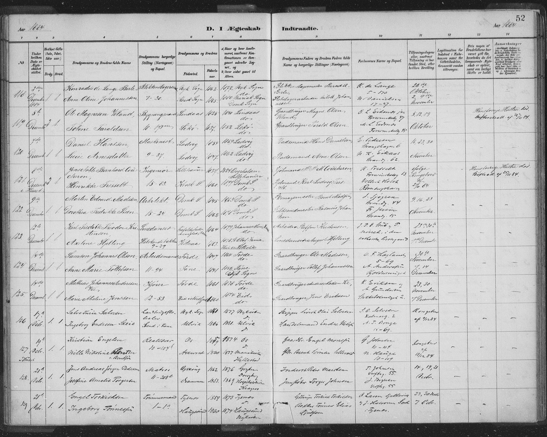 Domkirken sokneprestembete, SAB/A-74801/H/Hab/L0032: Parish register (copy) no. D 4, 1880-1907, p. 52
