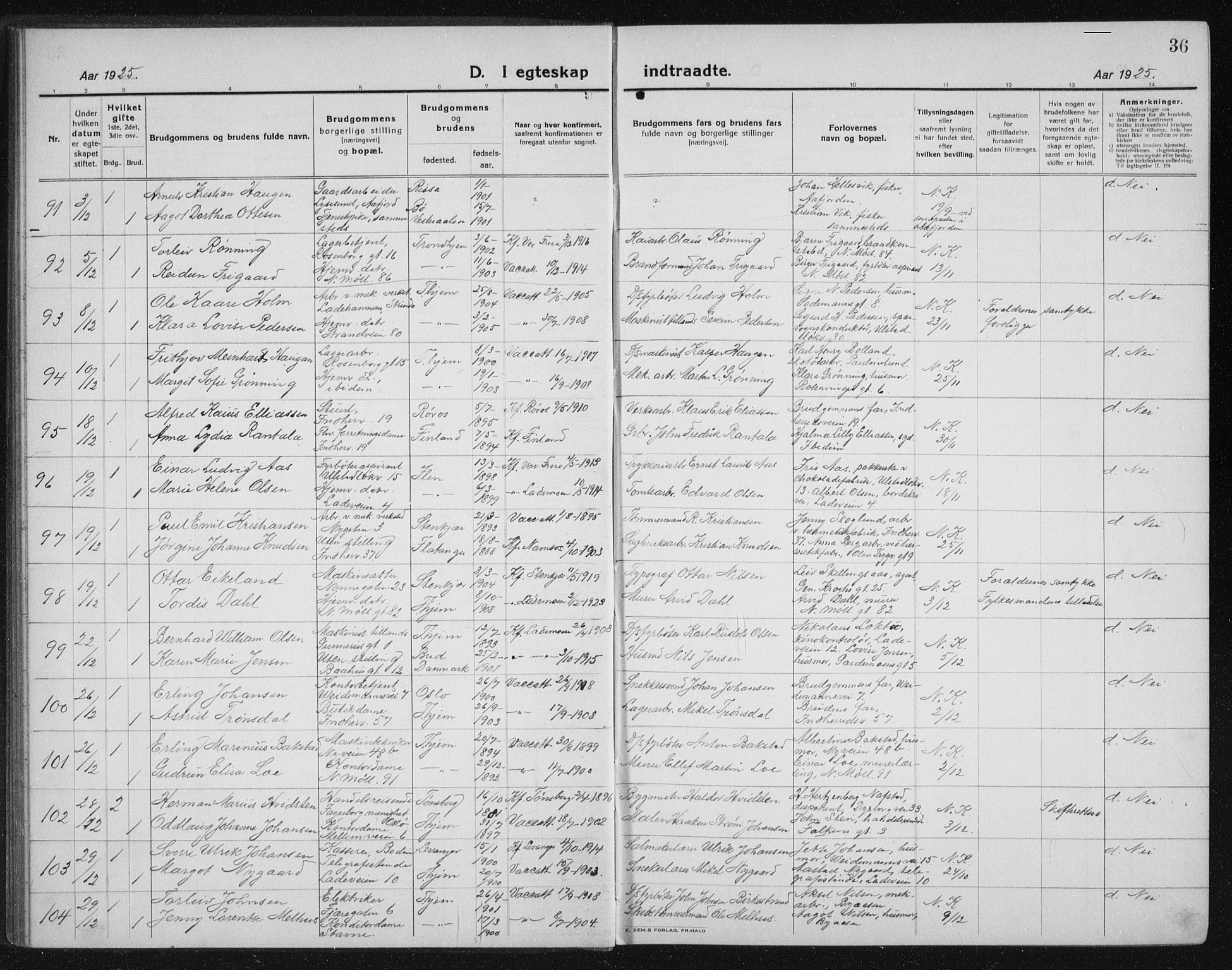 Ministerialprotokoller, klokkerbøker og fødselsregistre - Sør-Trøndelag, AV/SAT-A-1456/605/L0260: Parish register (copy) no. 605C07, 1922-1942, p. 36