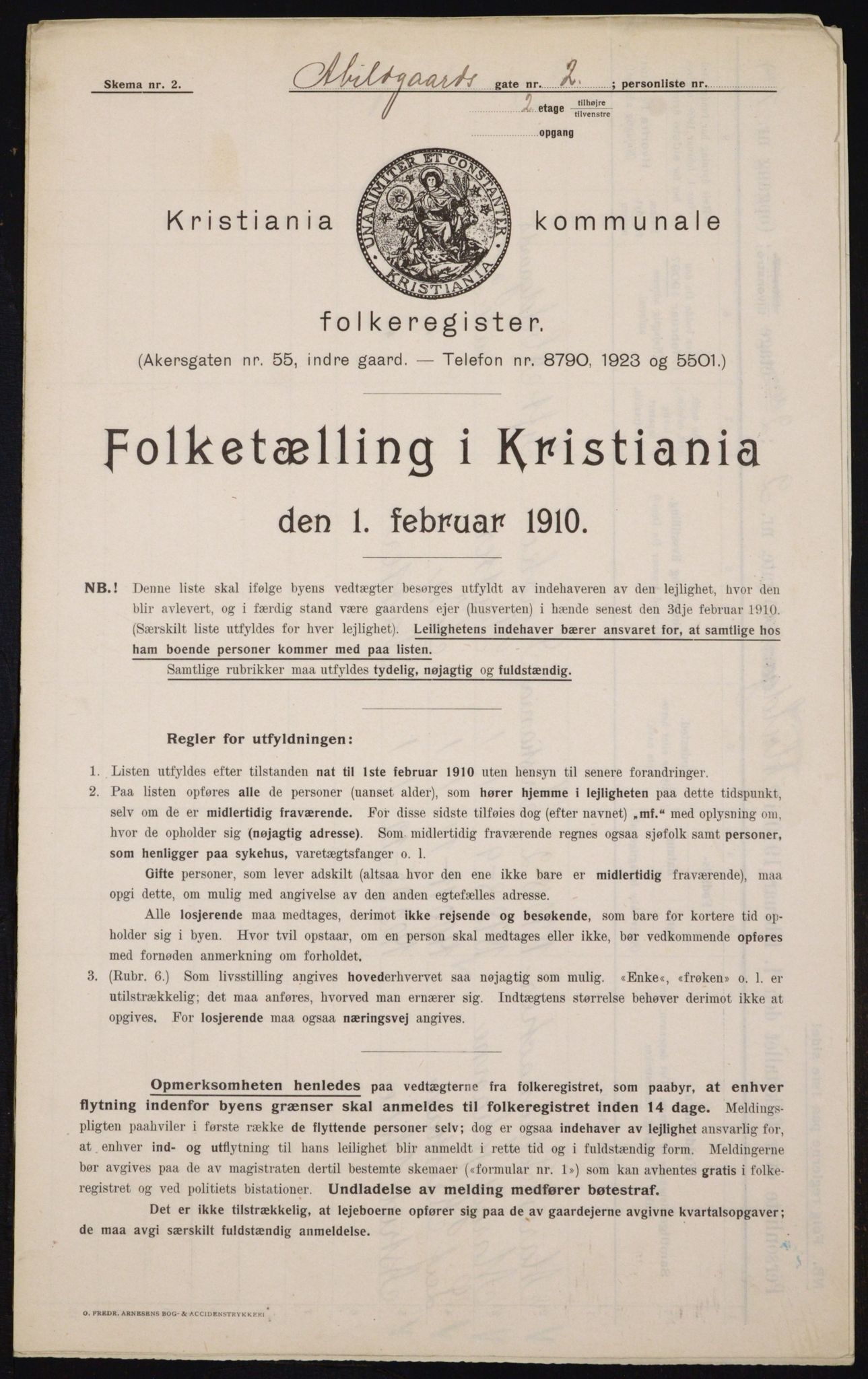 OBA, Municipal Census 1910 for Kristiania, 1910, p. 5