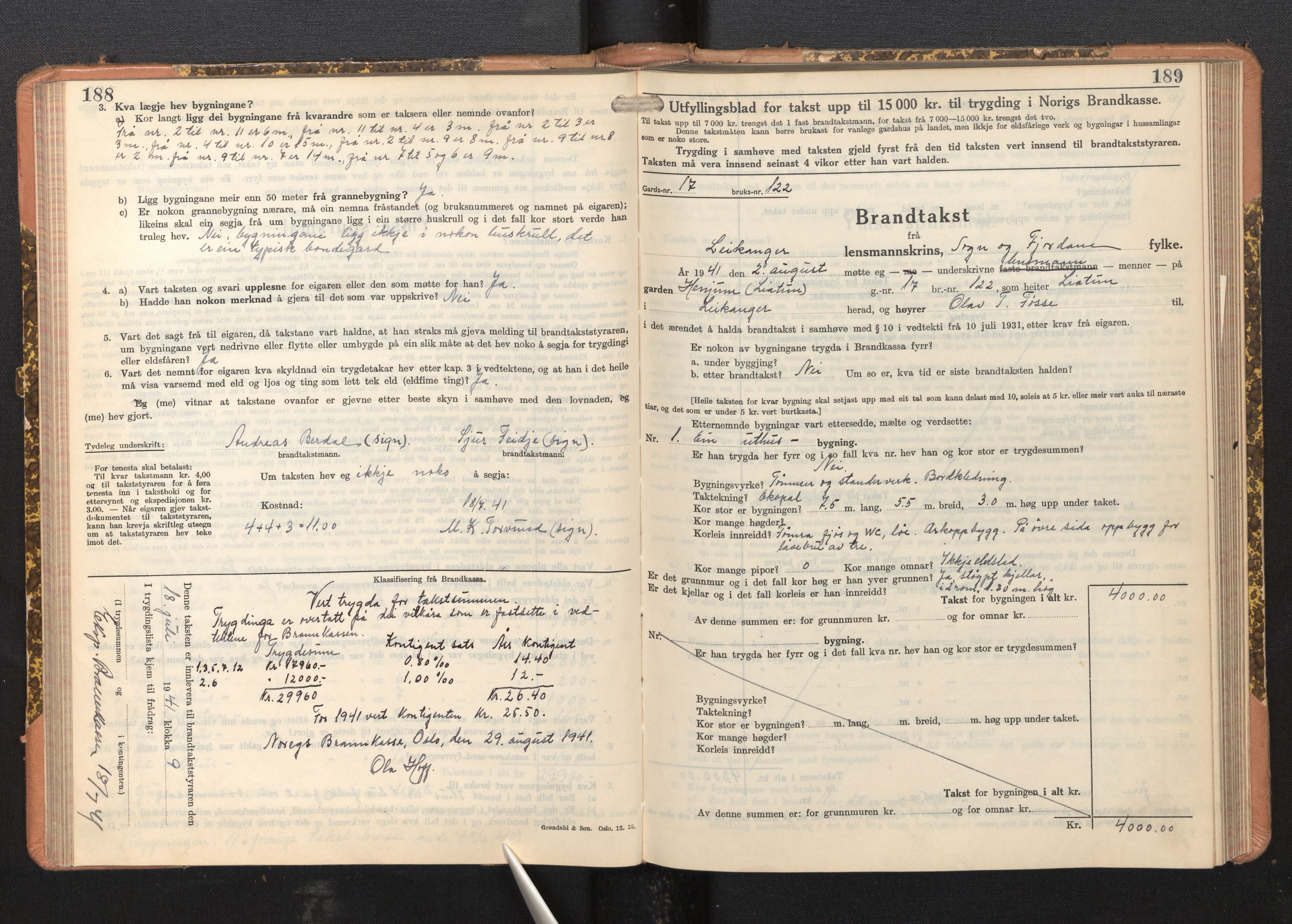 Lensmannen i Leikanger, AV/SAB-A-29201/0012/L0008: Branntakstprotokoll, skjematakst, 1937-1946, p. 188-189