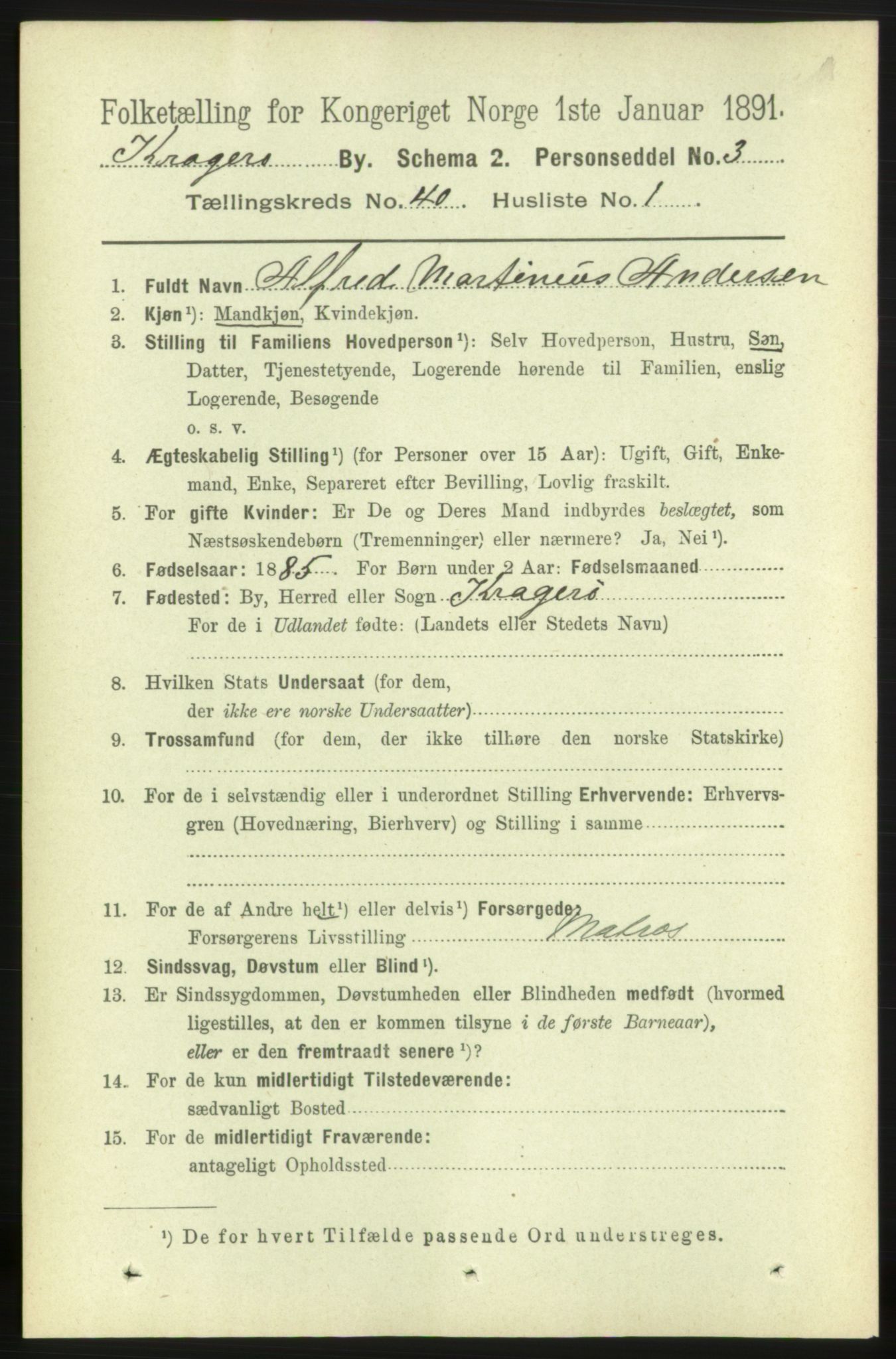 RA, 1891 census for 0801 Kragerø, 1891, p. 7401