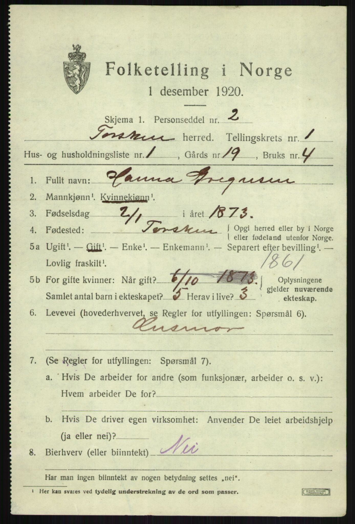 SATØ, 1920 census for Torsken, 1920, p. 550