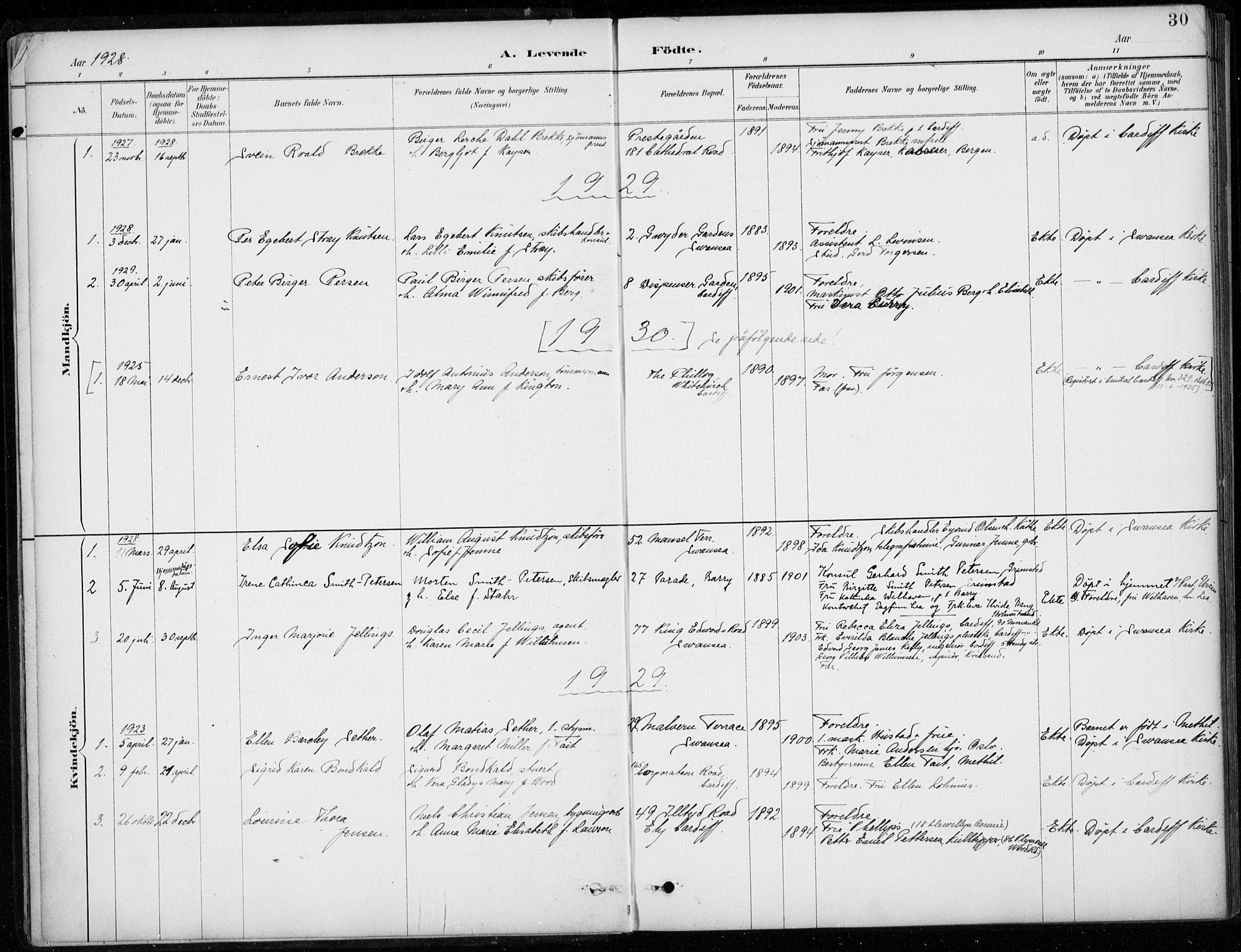 Den norske sjømannsmisjon i utlandet/Bristolhavnene(Cardiff-Swansea), AV/SAB-SAB/PA-0102/H/Ha/Haa/L0002: Parish register (official) no. A 2, 1887-1932, p. 30