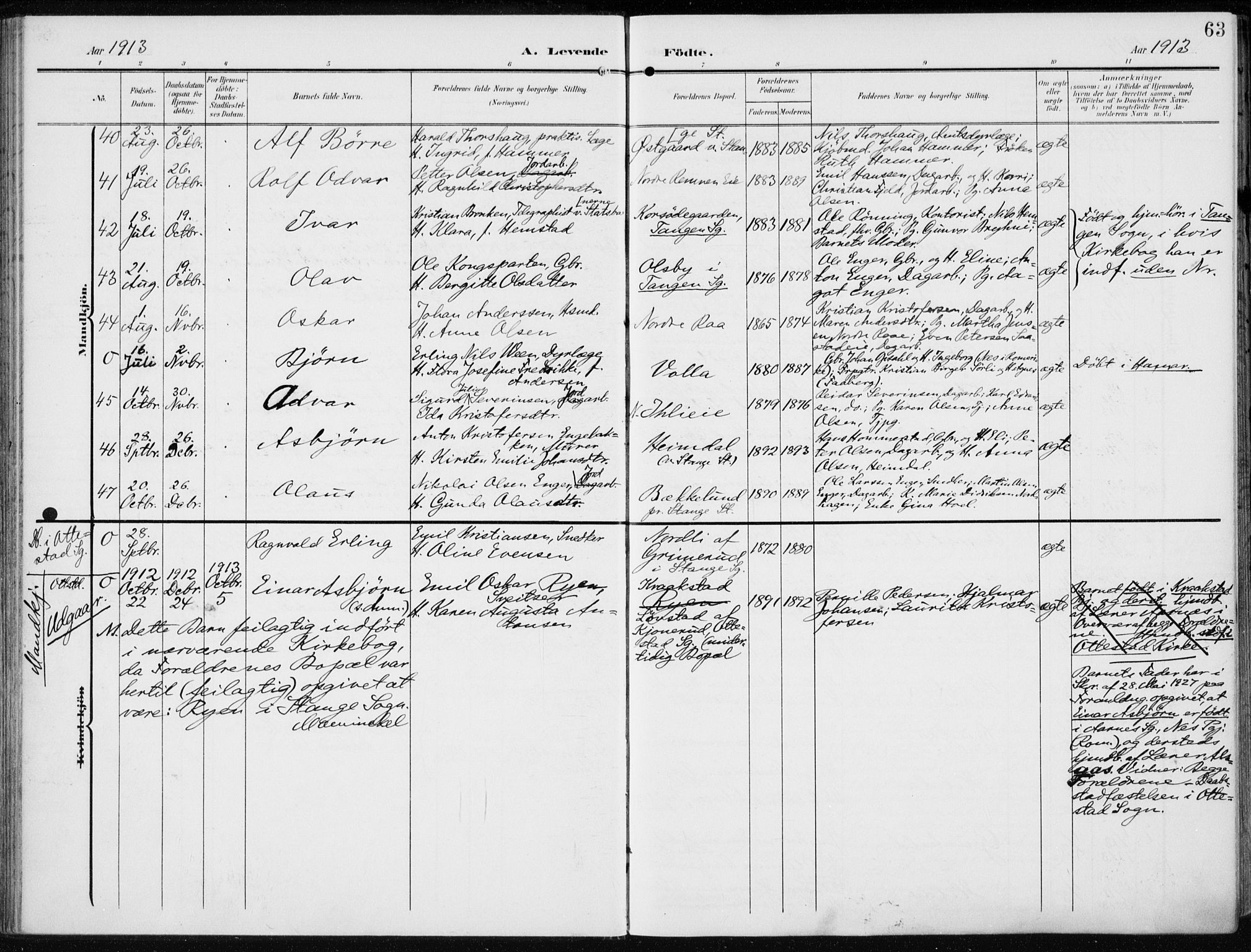 Stange prestekontor, AV/SAH-PREST-002/K/L0024: Parish register (official) no. 24, 1906-1922, p. 63