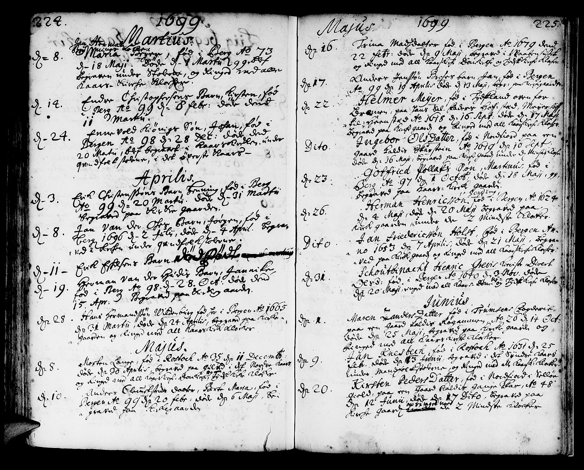 Korskirken sokneprestembete, SAB/A-76101/H/Haa/L0010: Parish register (official) no. A 10, 1688-1703, p. 224-225