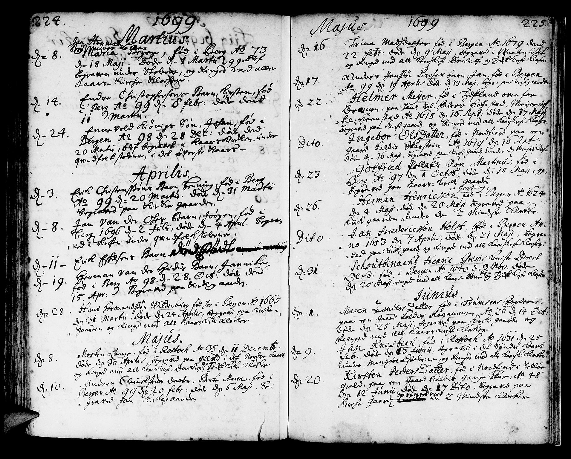 Korskirken sokneprestembete, AV/SAB-A-76101/H/Haa/L0010: Parish register (official) no. A 10, 1688-1703, p. 224-225