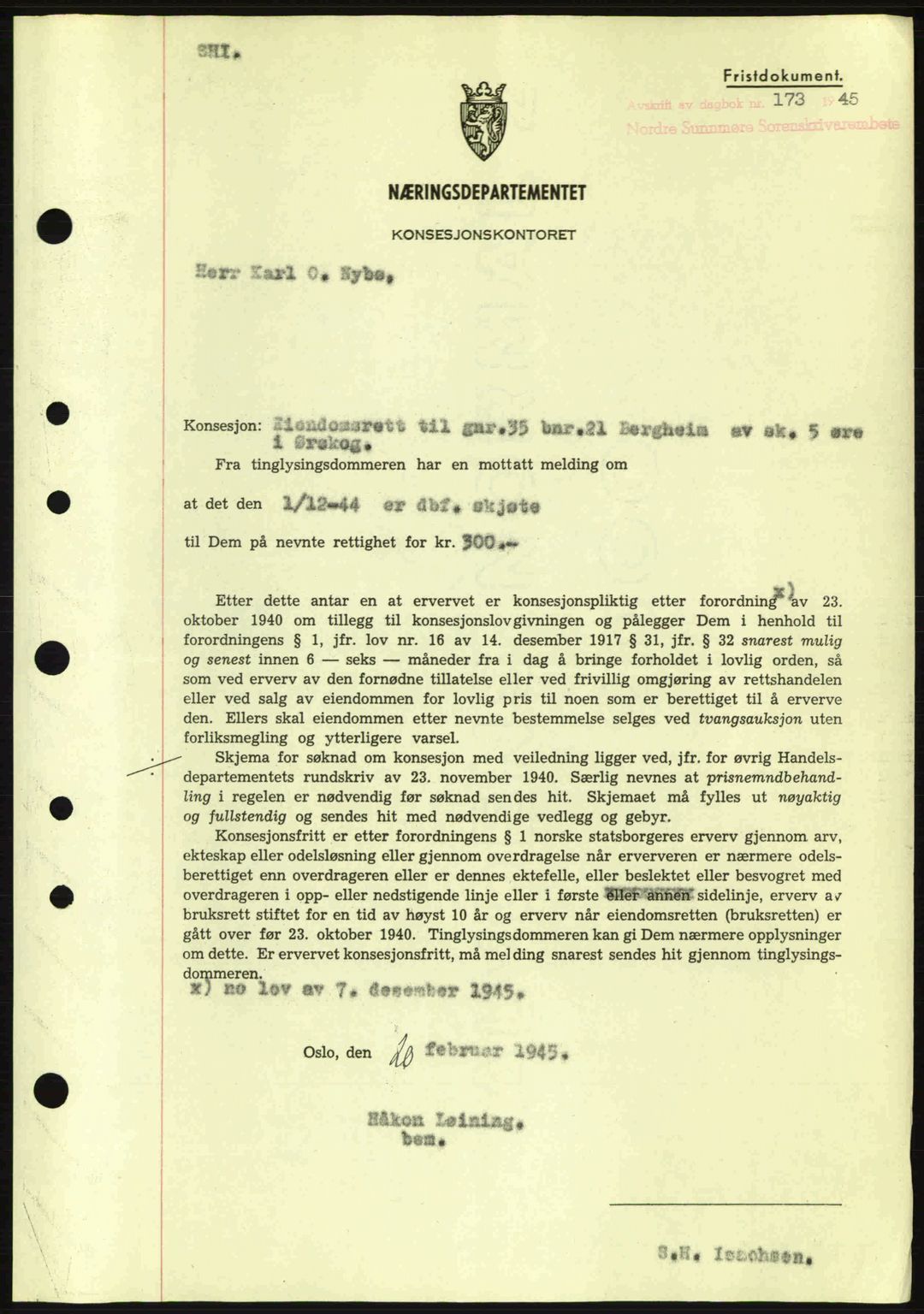Nordre Sunnmøre sorenskriveri, SAT/A-0006/1/2/2C/2Ca: Mortgage book no. B6-14 a, 1942-1945, Diary no: : 173/1945