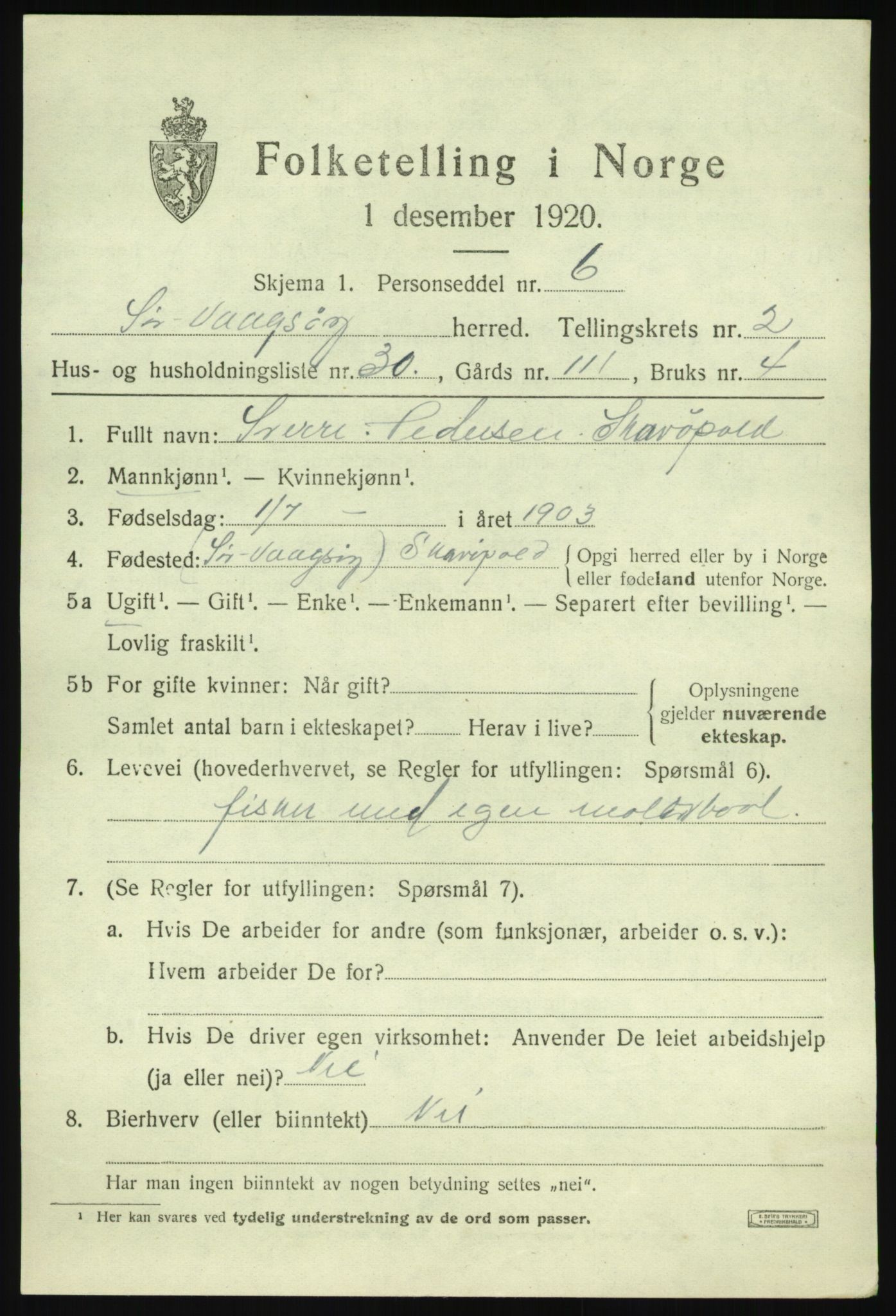 SAB, 1920 census for Sør-Vågsøy, 1920, p. 1492