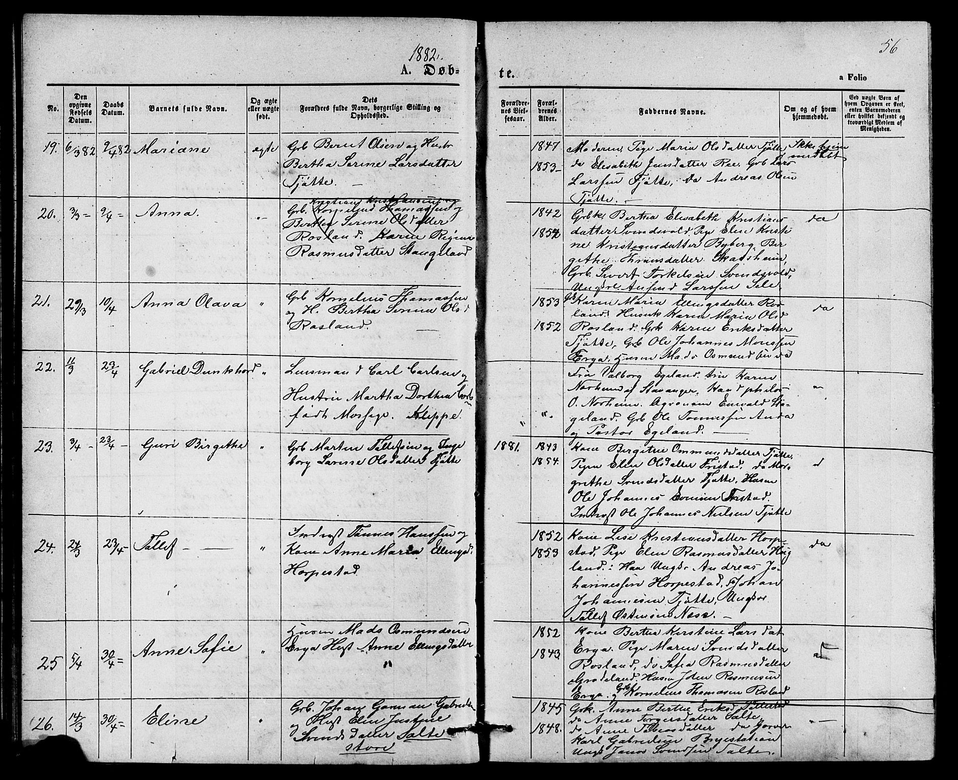 Klepp sokneprestkontor, SAST/A-101803/001/3/30BB/L0003: Parish register (copy) no. B 3, 1876-1888, p. 56