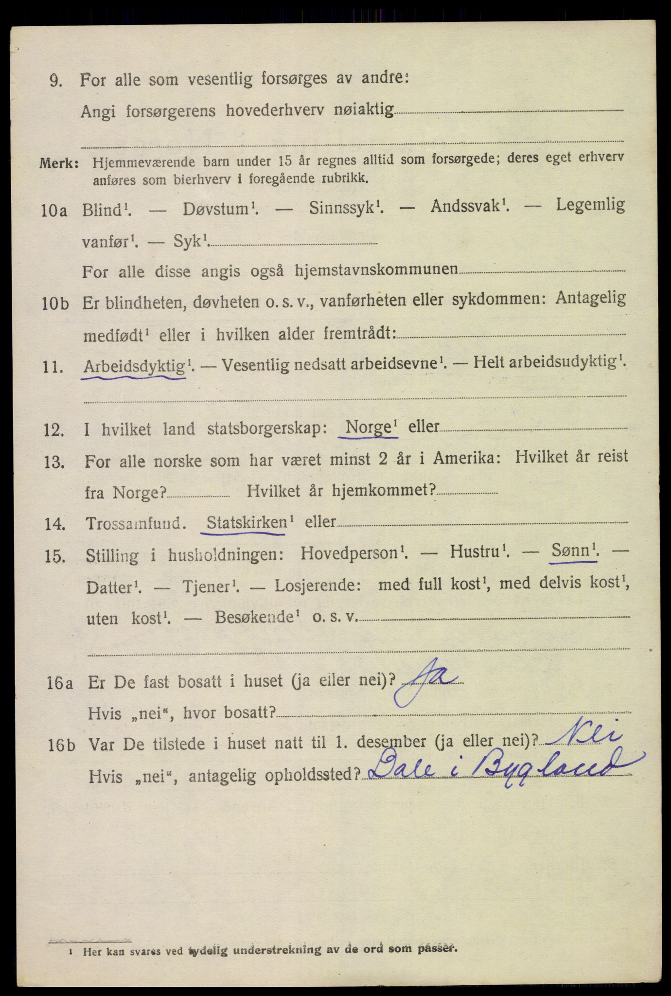 SAK, 1920 census for Bygland, 1920, p. 2626