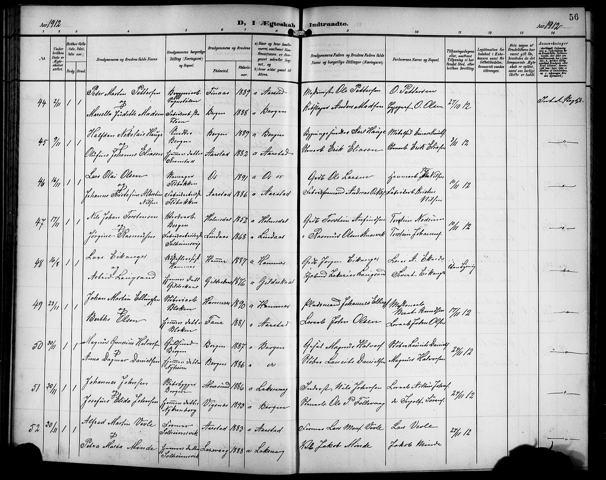 Årstad Sokneprestembete, AV/SAB-A-79301/H/Hab/L0018: Parish register (copy) no. C 1, 1902-1919, p. 56