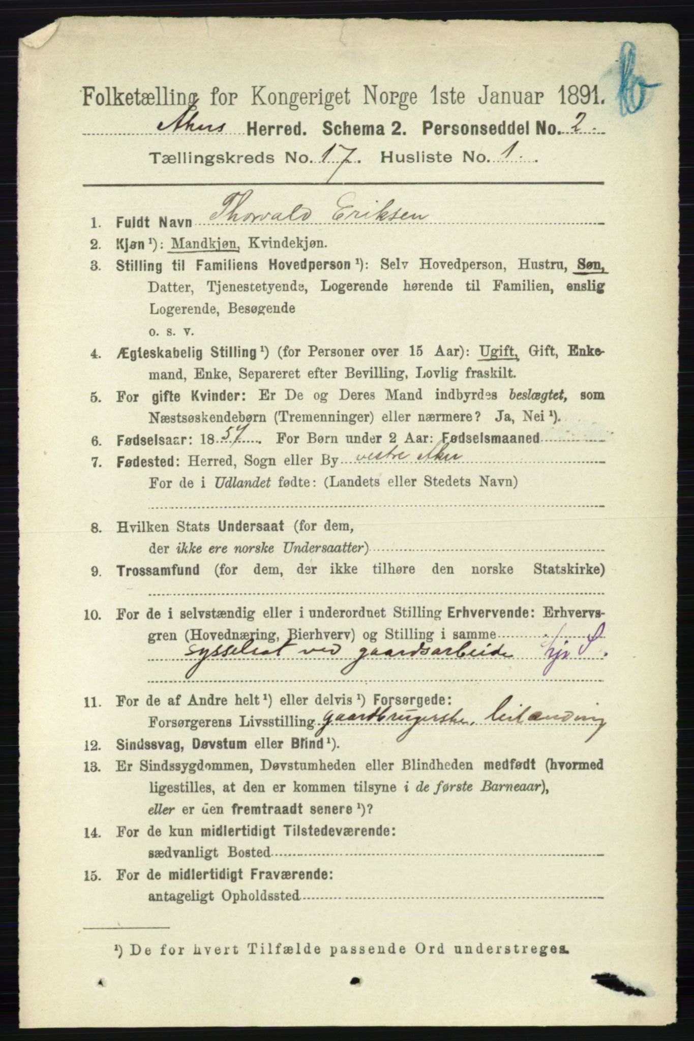 RA, 1891 census for 0218 Aker, 1891, p. 15850