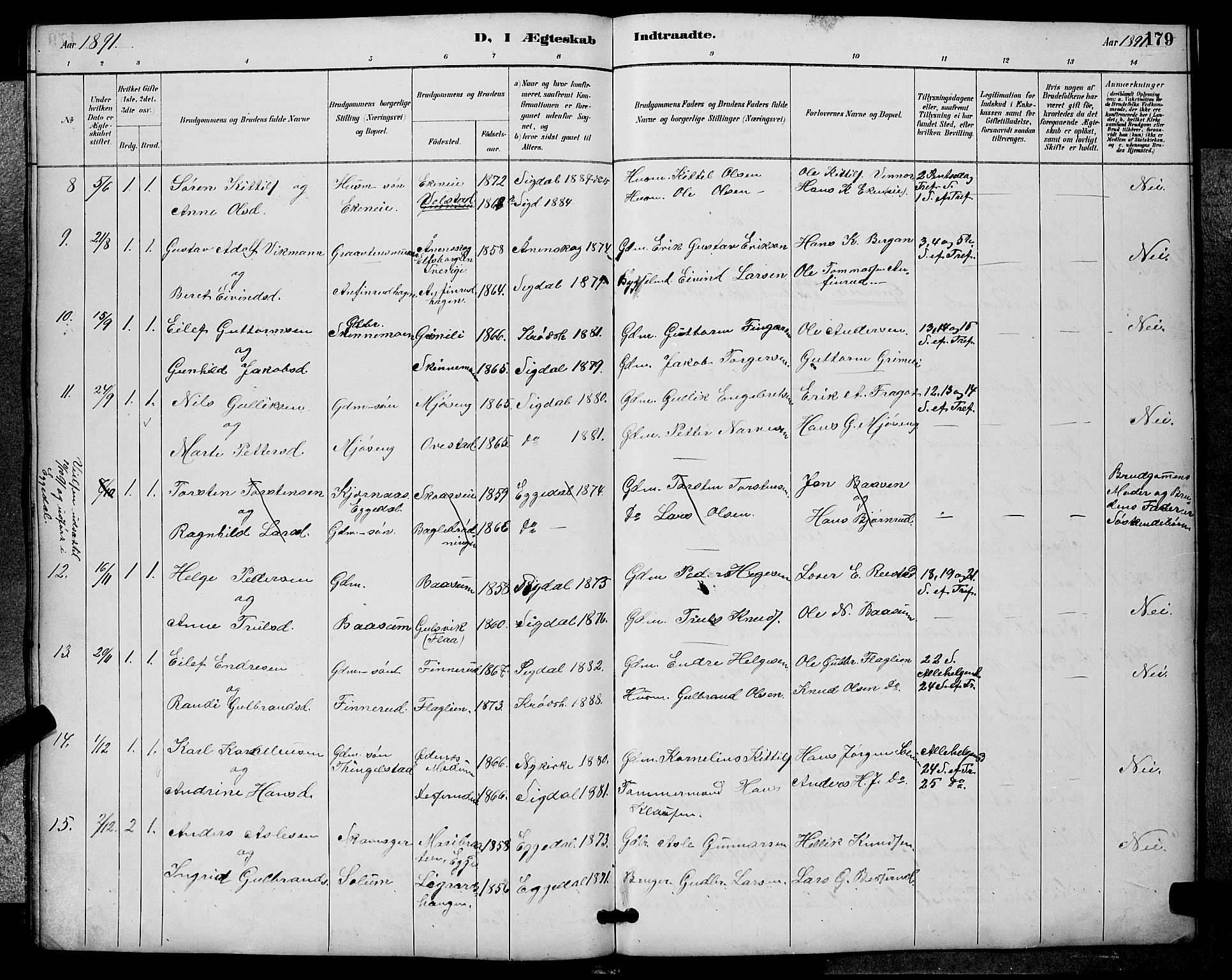 Sigdal kirkebøker, AV/SAKO-A-245/G/Ga/L0005: Parish register (copy) no. I 5, 1886-1900, p. 179