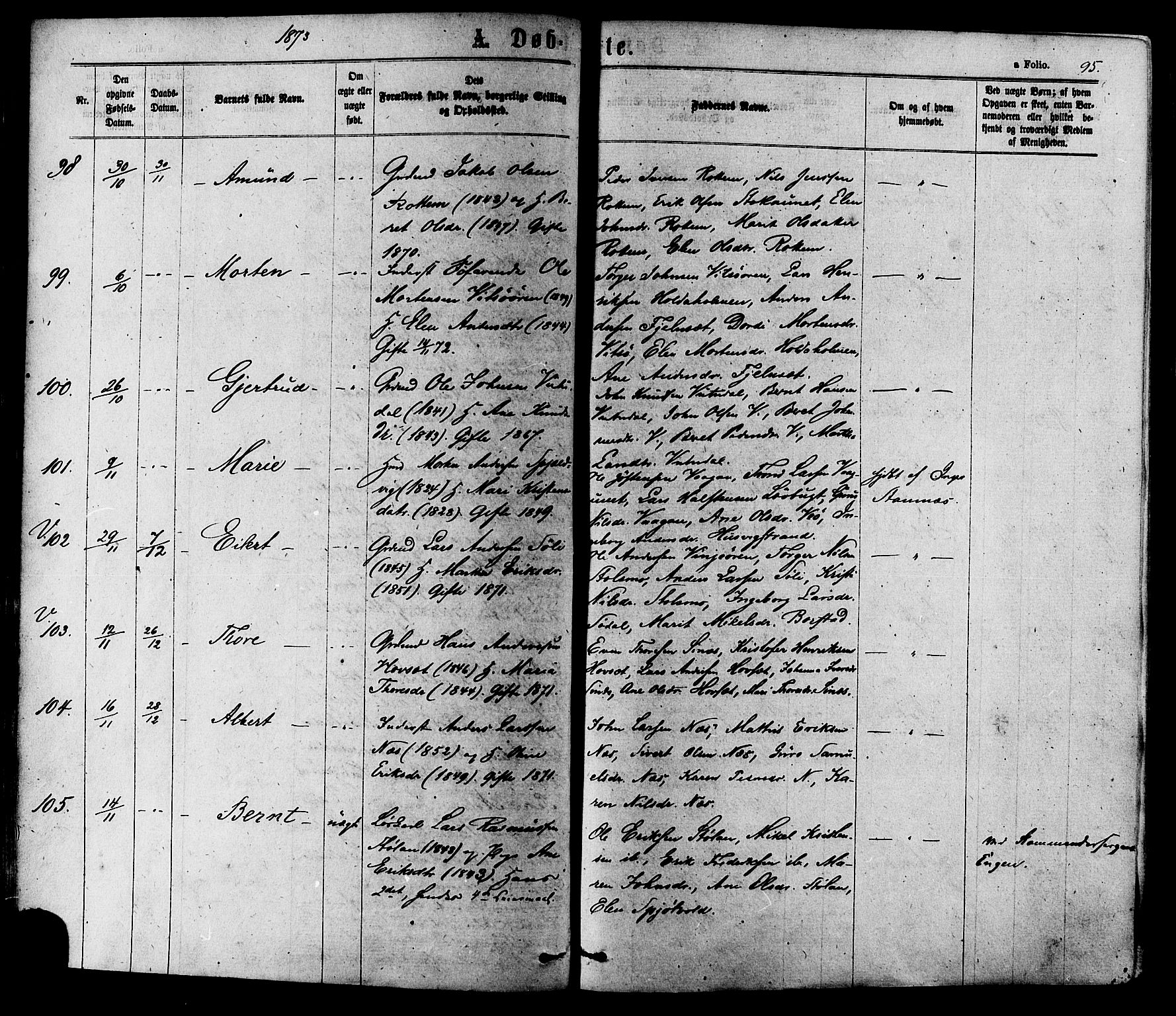 Ministerialprotokoller, klokkerbøker og fødselsregistre - Sør-Trøndelag, SAT/A-1456/630/L0495: Parish register (official) no. 630A08, 1868-1878, p. 95