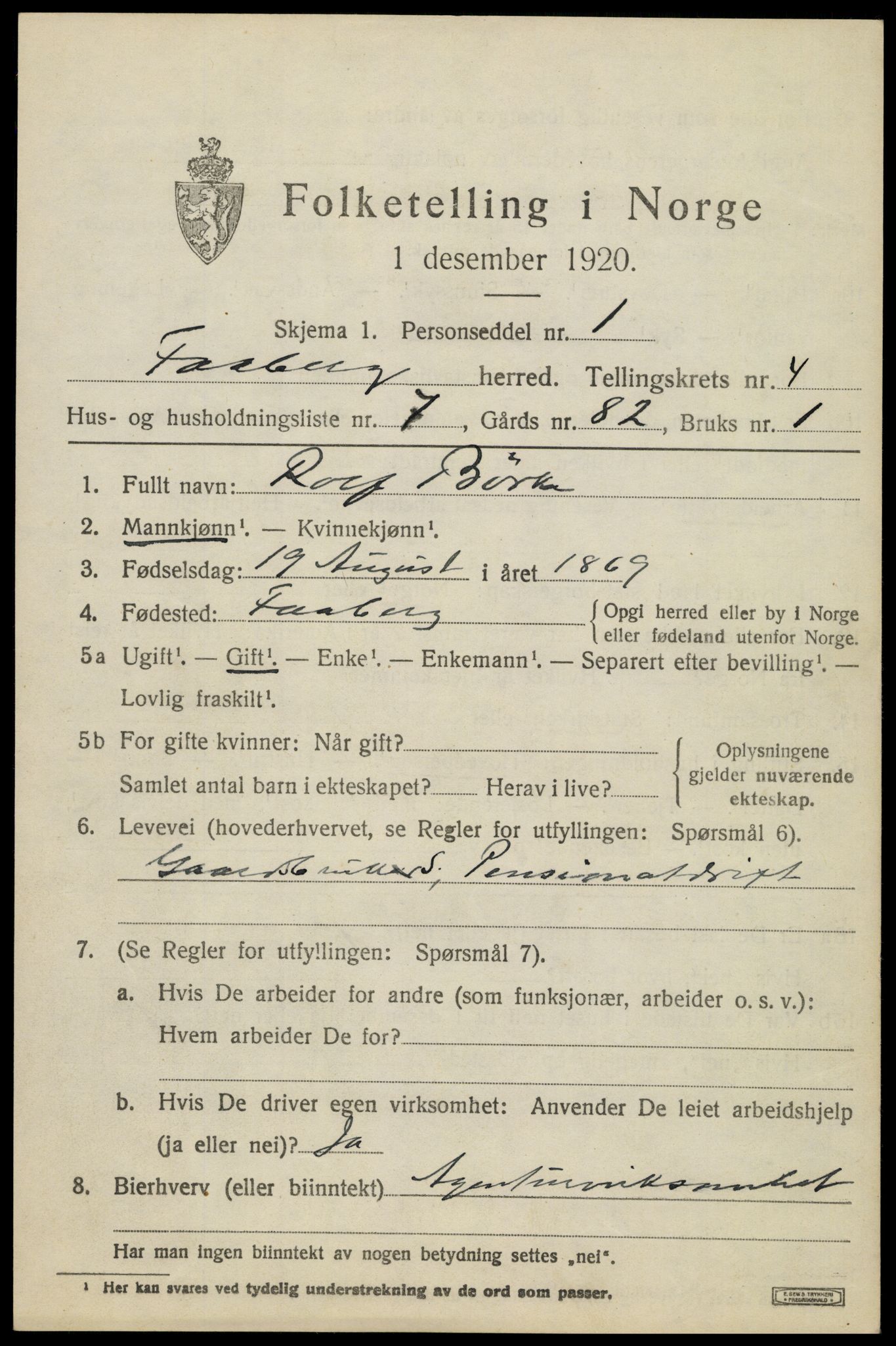 SAH, 1920 census for Fåberg, 1920, p. 4540